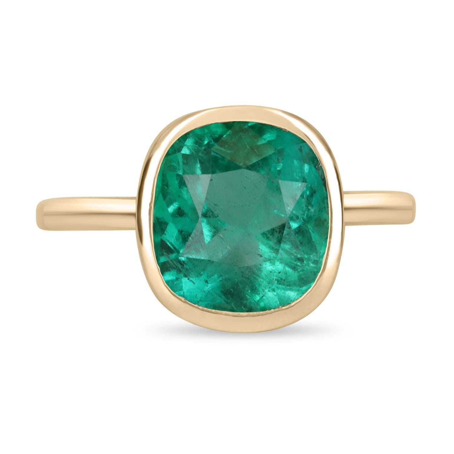 3.40ct Bezel Set Cushion Cut Emerald Solitaire Ring in 18K Gold - Elegant Engagement, Wedding & Anniversary Jewelry Gift for Her