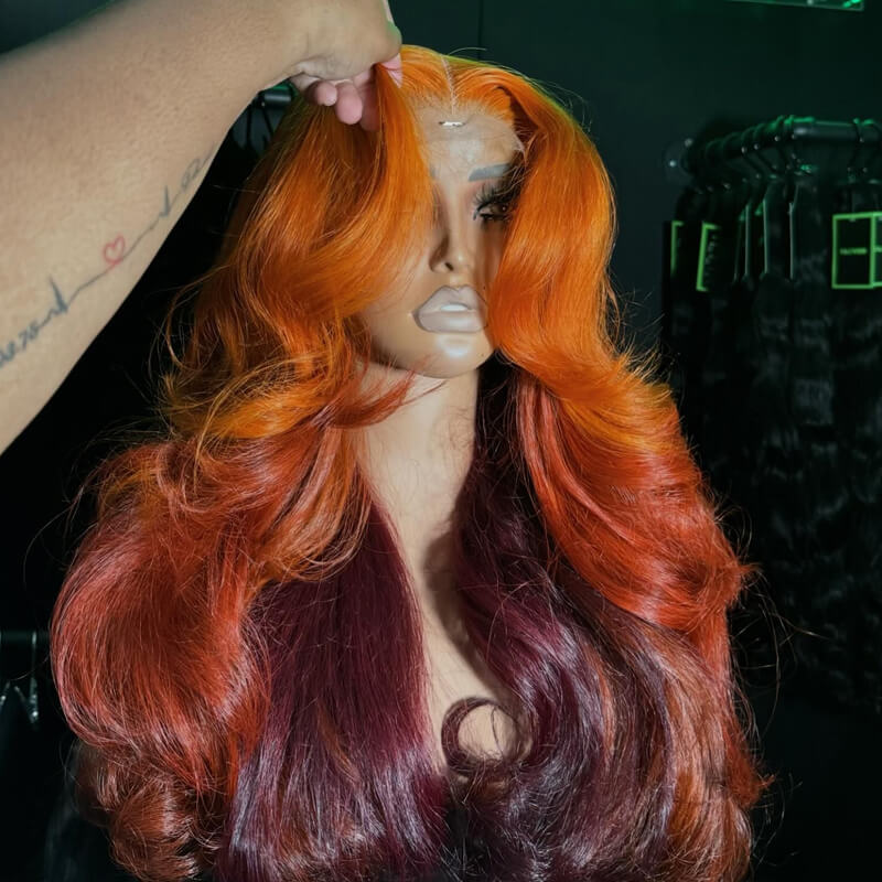 Eullair Ombre Orange Copper Brown Body Wave Human Hair Wig with Transparent Lace Frontal - Natural Looking Wigs for Women (EW007) | Perfect for Daily Wear, Cosplay, and Special Occasions