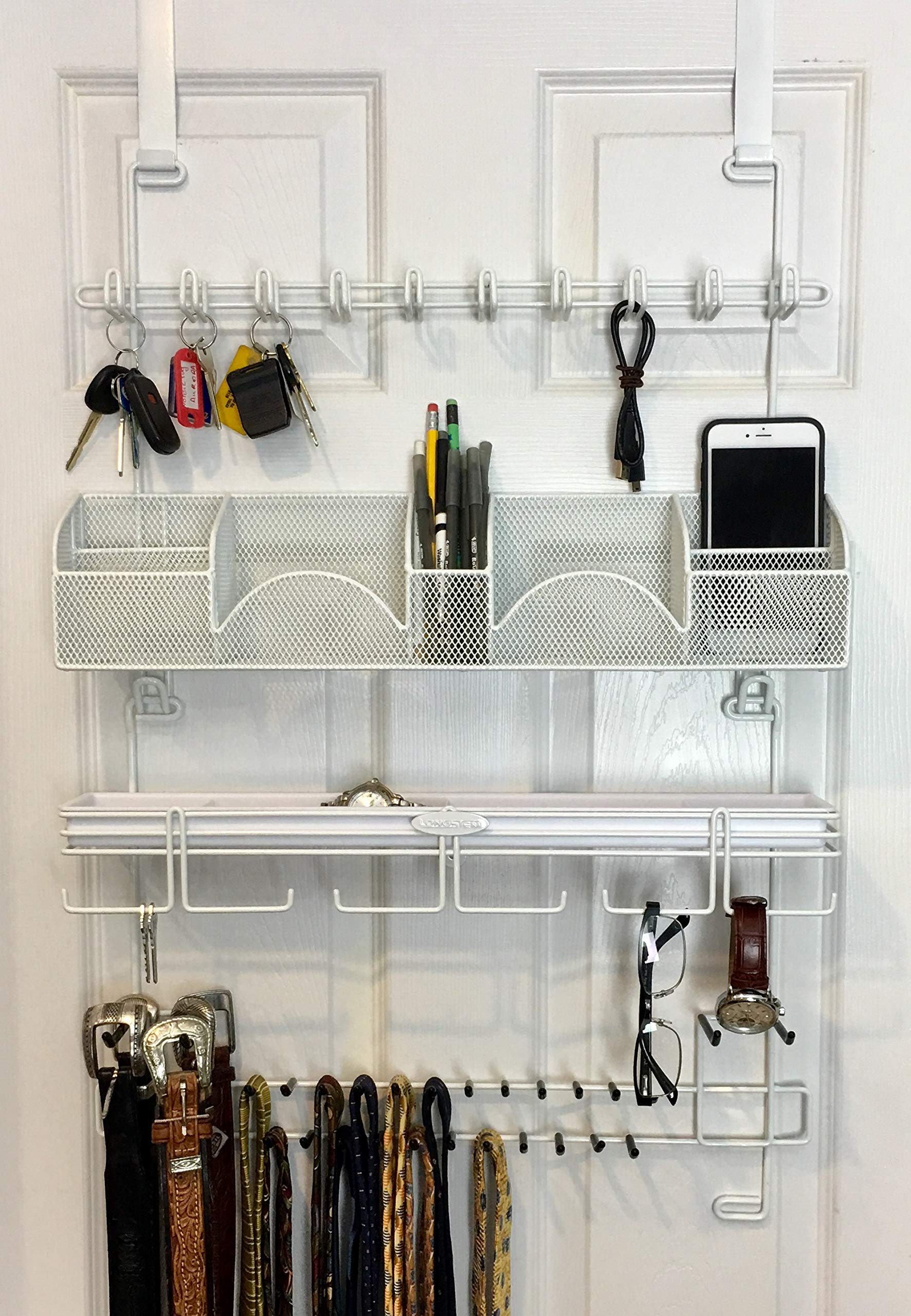 Men's Over the Door Belt Organizer - 43 Hooks Wall Mount Tie & Accessory Rack | Space Saving Closet Storage Solution for Ties, Belts, Scarves | Perfect for Bedroom, Closet, Office Organization (White)
