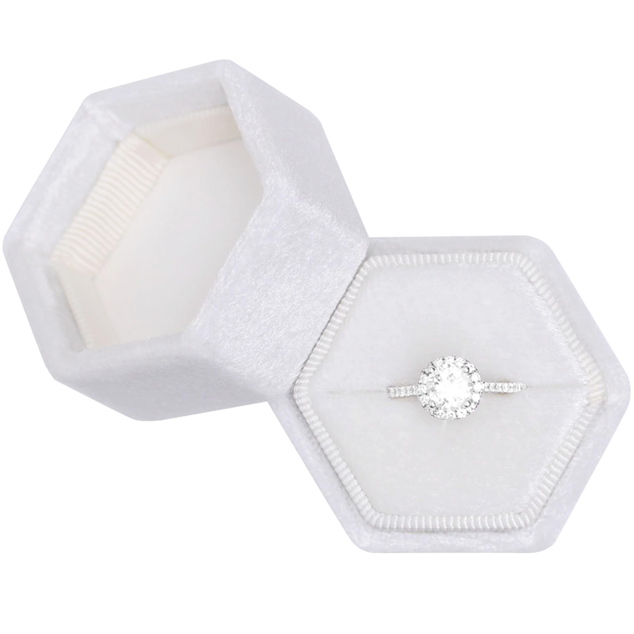 Hexagon Velvet Jewelry Box - Single Slot Ring Holder for Engagement Wedding Rings - Elegant Keepsake Gift Box for Bridal Photos (White) | Perfect for Proposals, Anniversary Gifts & Bridal Accessories Storage