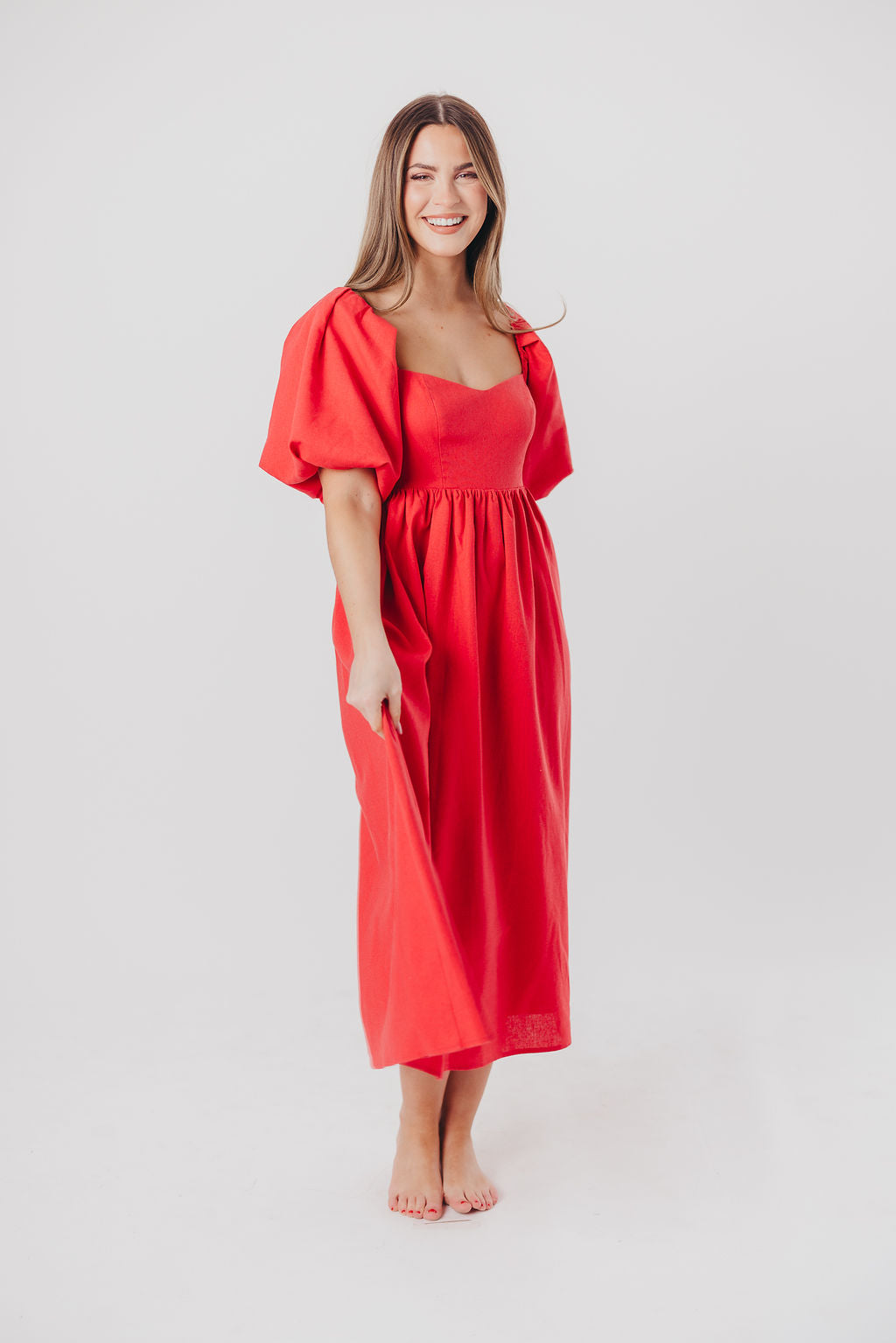 Hamilton Midi Dress in Red - Bump Friendly Maternity Dress (S-XL) | Flowy Summer Dress for Pregnancy, Baby Shower & Special Occasions