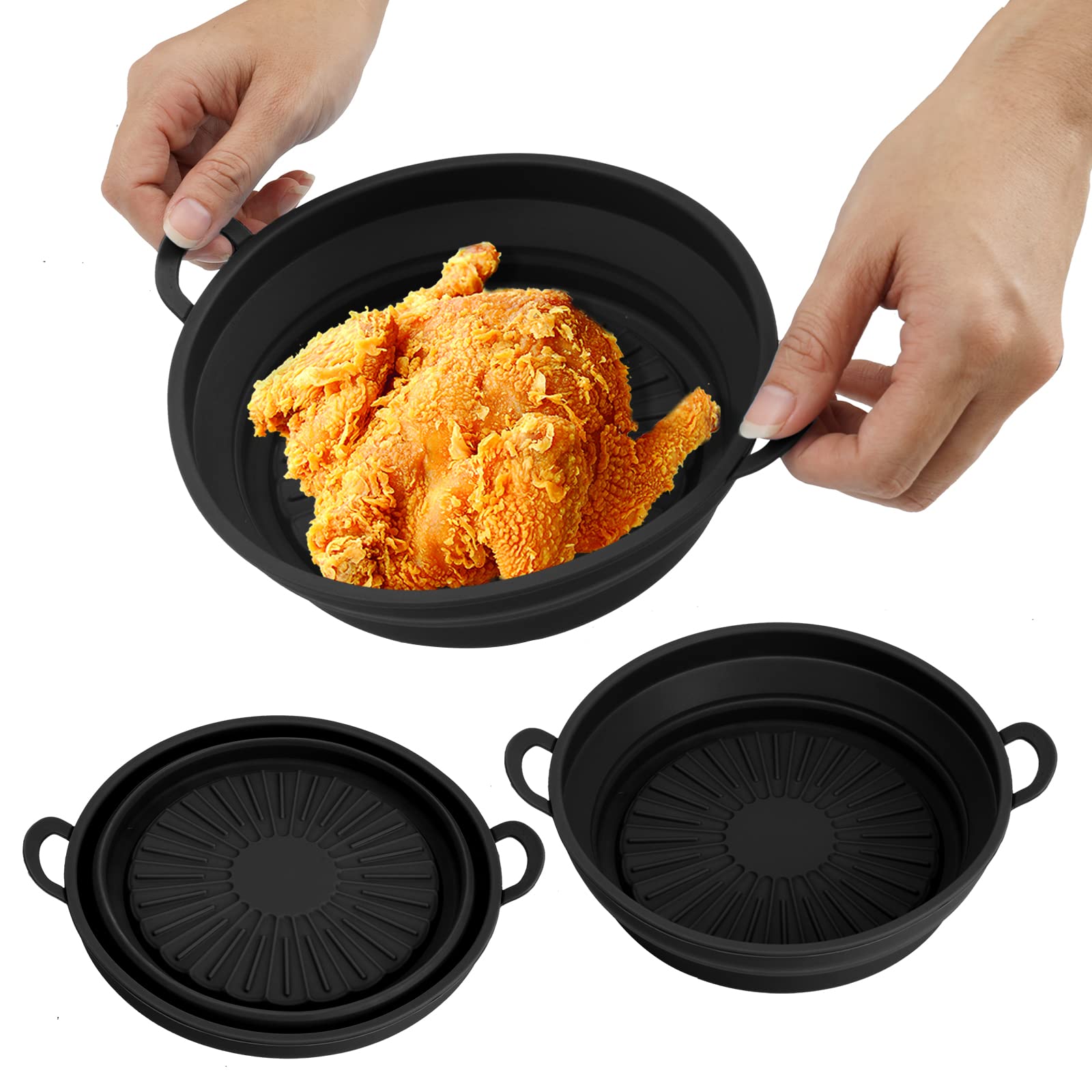 FGENKI 2-Pack 8.5 Inch Foldable Silicone Air Fryer Basket Liners - Reusable Non-Stick Pot for 5QT Air Fryer & Deep Fryer - Microwave & Oven Safe Baking Pan Accessories (Black) - Perfect for Healthy Cooking, Meal Prep & Family Dinners