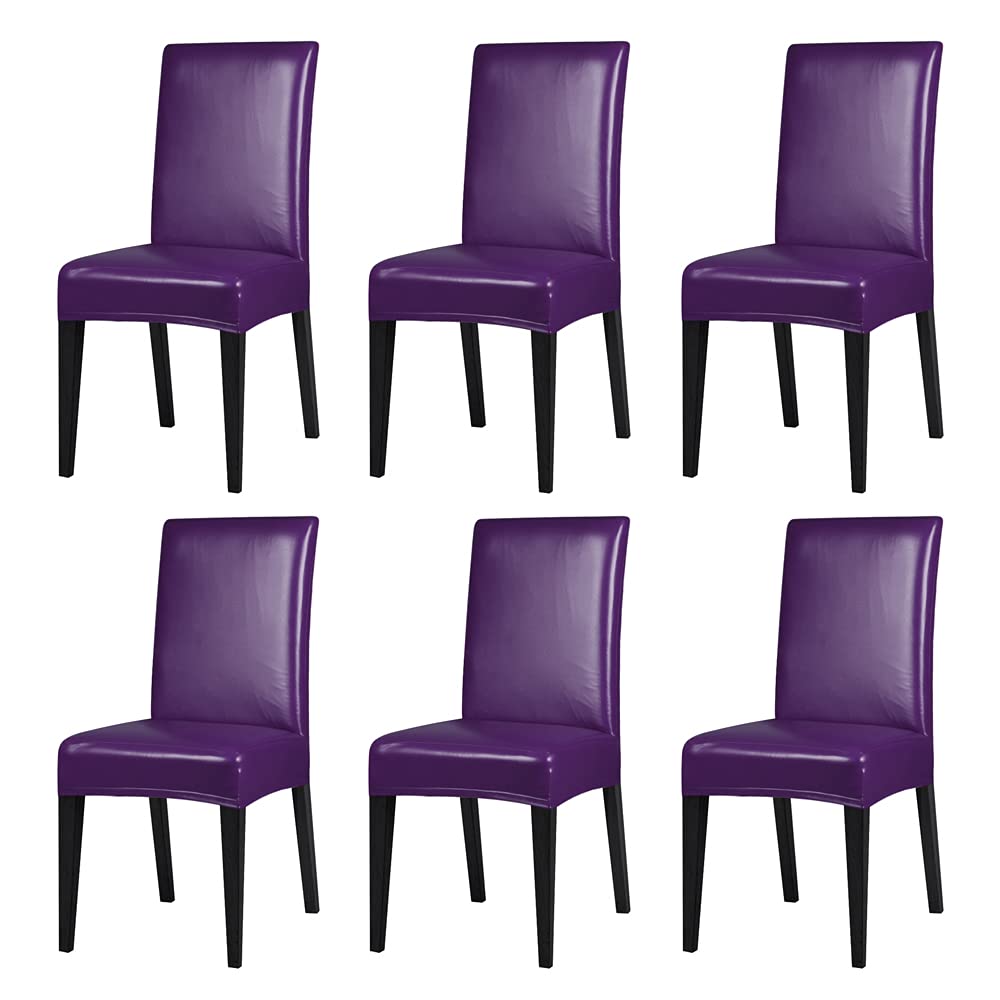 6-Piece Stretch PU Leather Chair Covers - Waterproof, Oil-Proof Dining Chair Slipcovers for Restaurants, Hotels, Banquets & Weddings - Purple (Perfect for Home, Office & Event Decor)