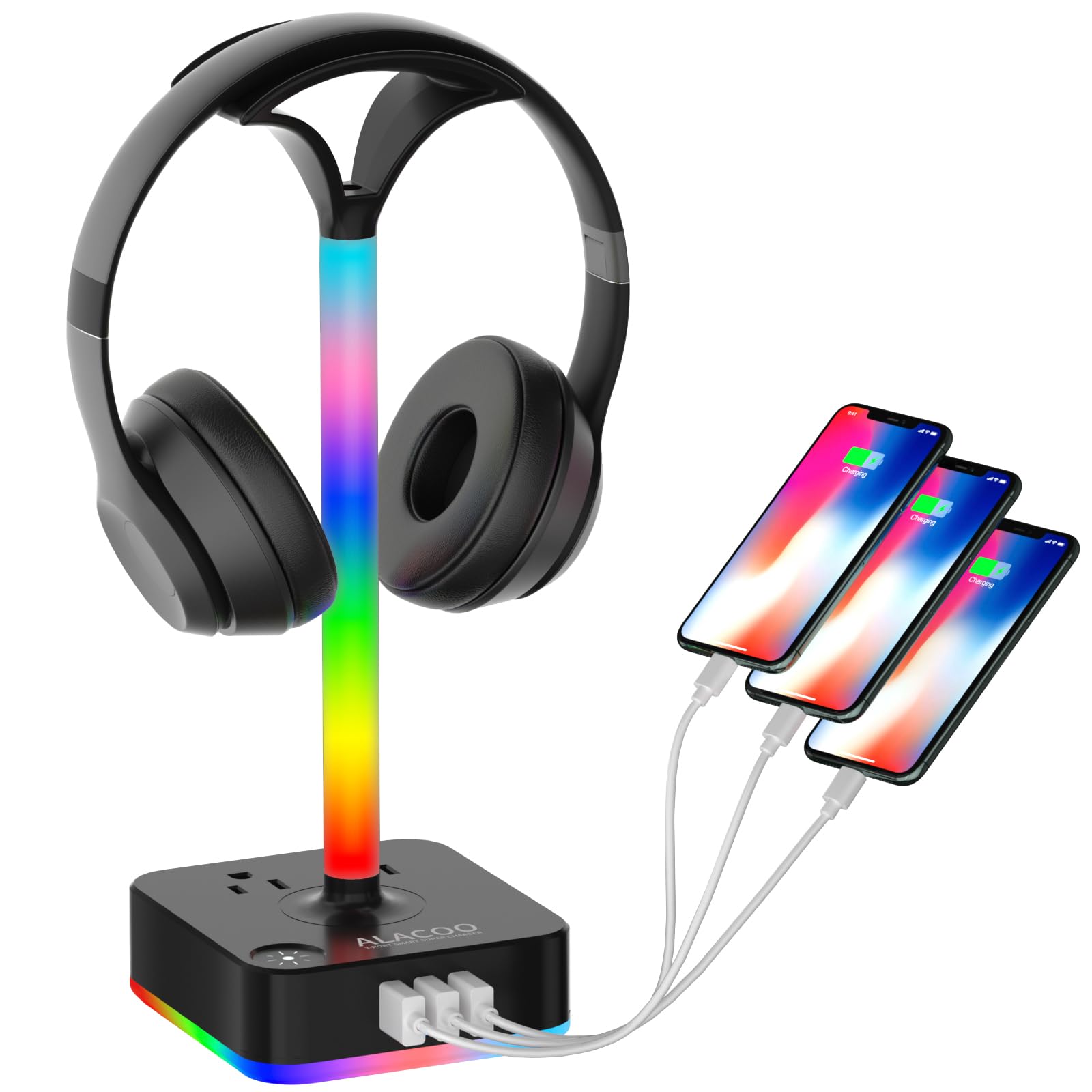 RGB Gaming Headphone Stand with USB Charger & AC Outlet - 3-Port USB Hub, 8 Color LED Modes, Universal Headset Holder for PC, PS5, Xbox - Perfect for Gaming Setup, Home Office & Desk Organization