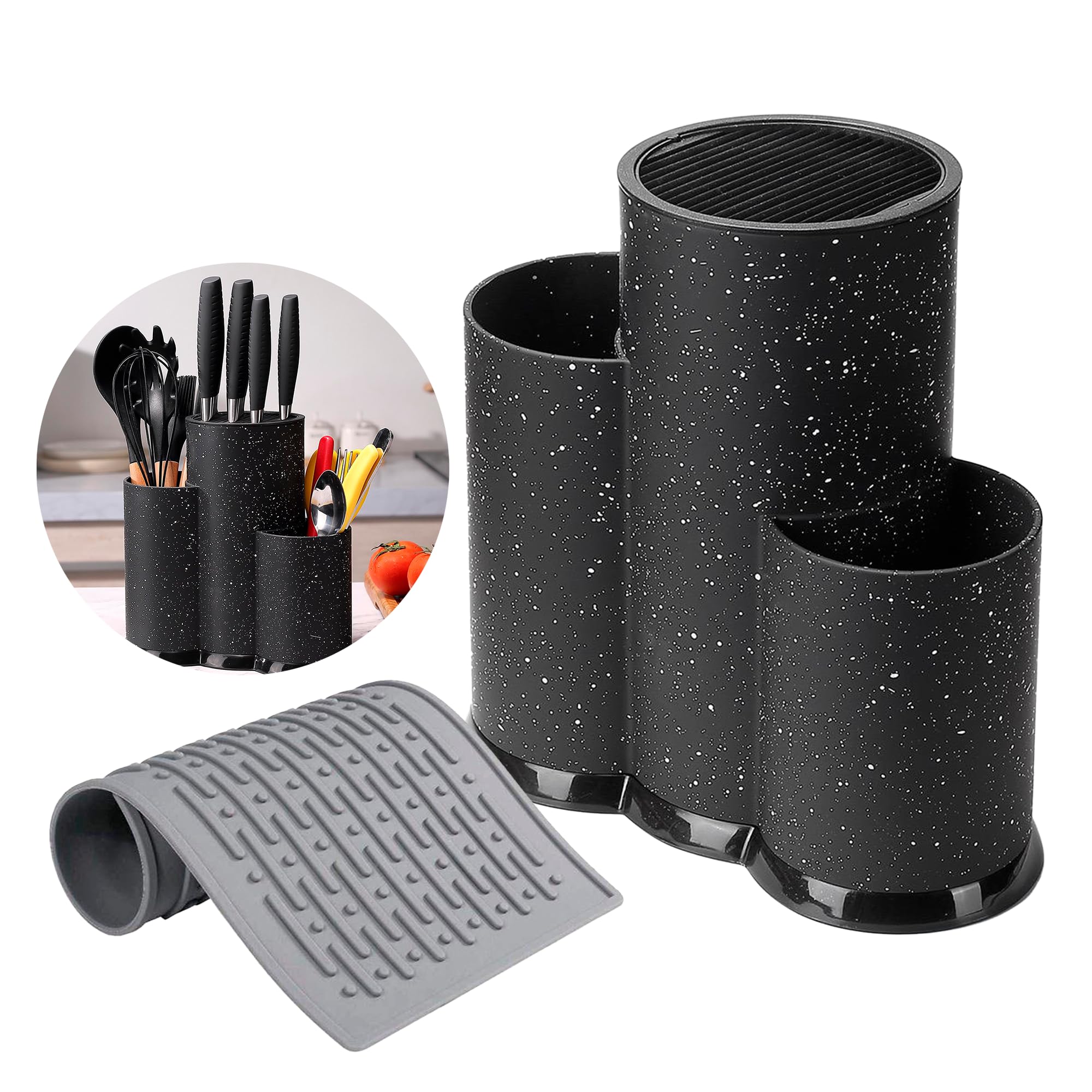 Stainless Steel Kitchen Organization Set - Utensil Holder, Knife Block & Silicone Drying Mat for Countertop | Medium Black | Perfect for Small Kitchen Spaces & Countertop Organization