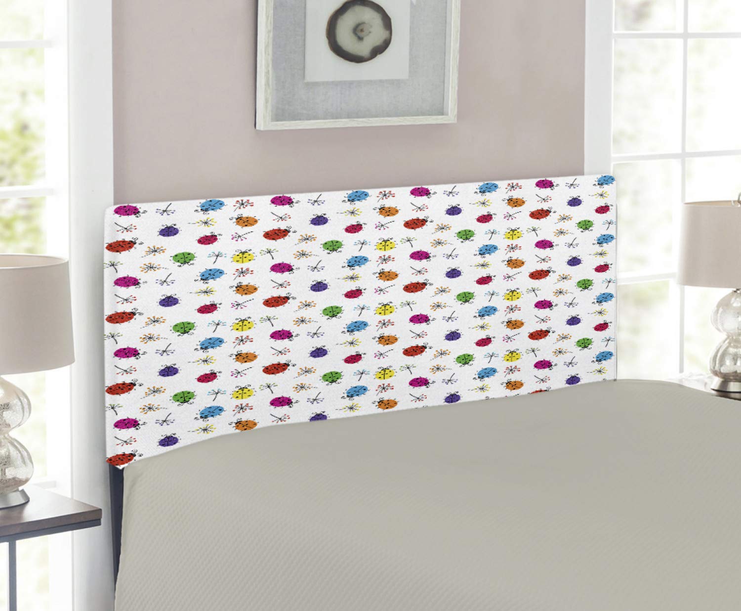 Ambesonne Ladybugs Headboard - Decorative Upholstered Metal Bed Frame with Memory Foam, Twin Size, Multicolor Dotted Insect & Floral Design | Romantic Valentine's Day Inspired Bedroom Decor for Girls Room, Guest Room or Master Bedroom