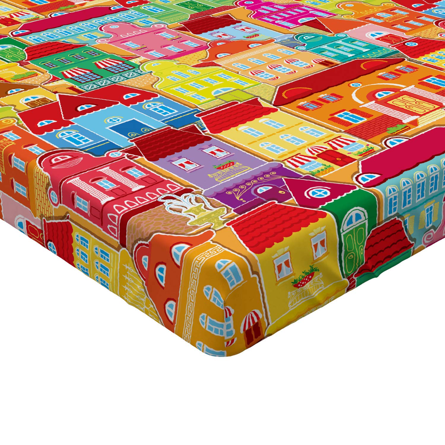 Ambesonne Cartoon Cityscape Fitted Sheet - European Architecture Art with Pillars & Fountains, Urban View Design - Deep Pocket Queen Size Bed Sheet for Comfort - Perfect for Kids' Rooms, Guest Bedrooms & Modern Home Decor