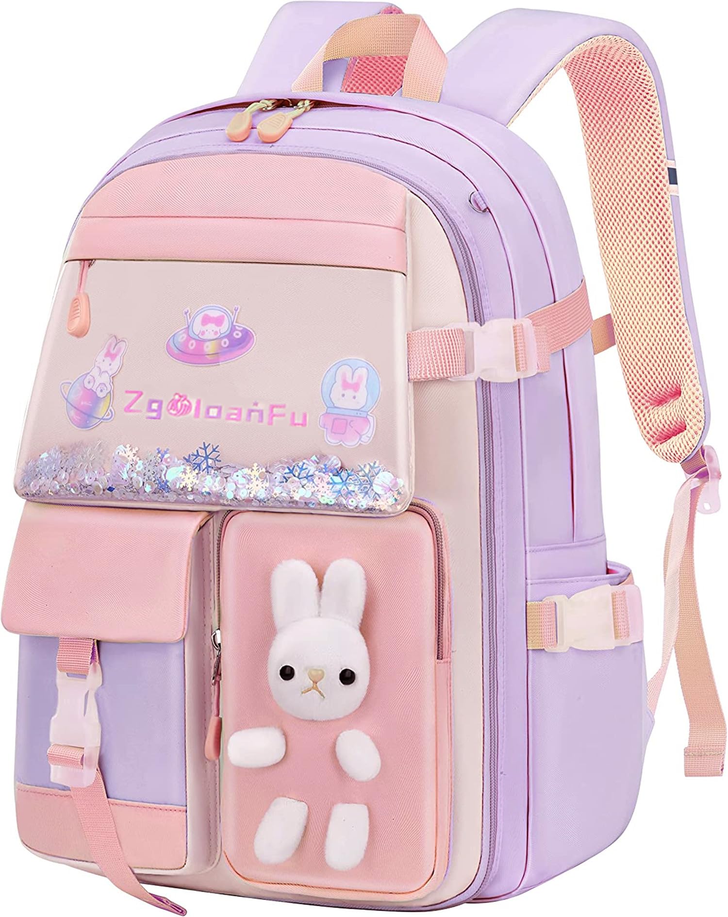 Cute Bunny Backpack for Girls 16 Inch - Light Purple School Bag for Kindergarten, Preschool & Elementary Students - Durable Bookbag for Kids with Adjustable Straps - Perfect for School, Travel & Daily Use