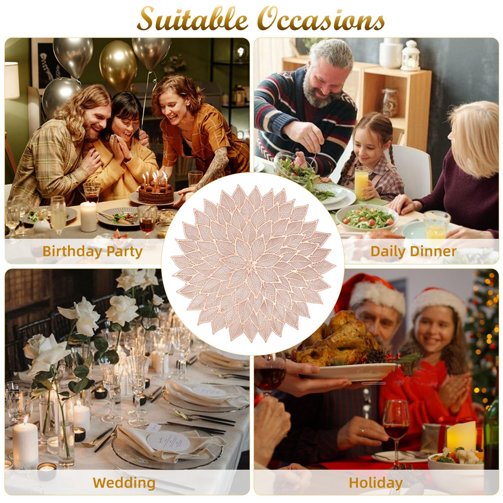 6-Piece Round Floral Vinyl Placemats Set - Hollow Out Flower Design for Dining Table Decor, Holiday Party, Wedding Centerpiece (Rose Gold) | Elegant Table Setting for Dinner Parties & Special Occasions