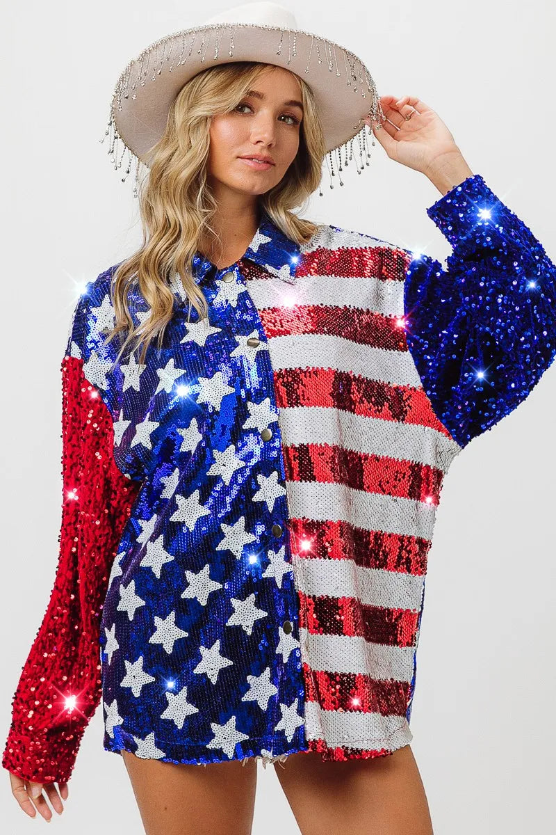 BiBi Velvet Sequin American Flag Shirt - Patriotic Women's Fashion Top for 4th of July, Parties & Festive Events