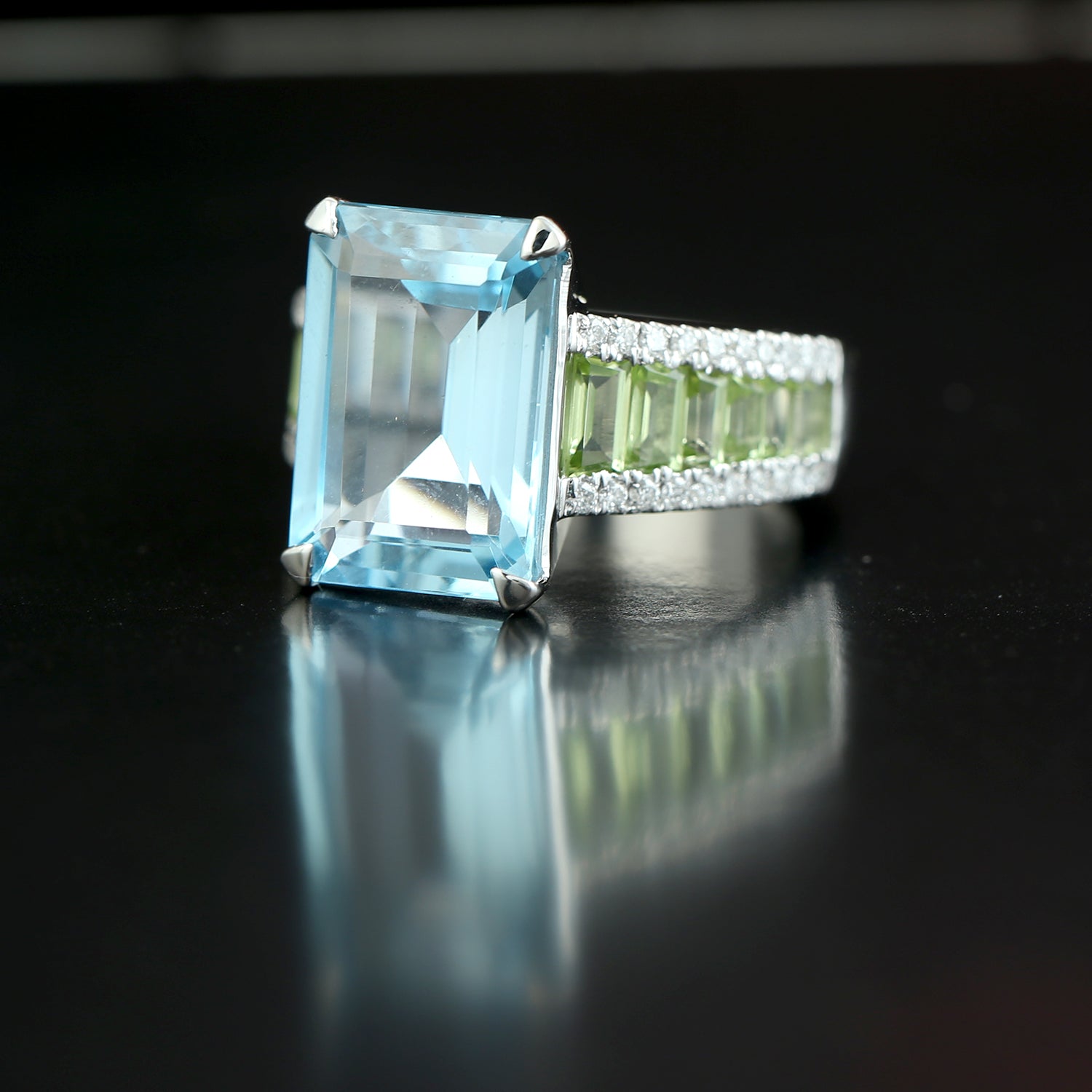 Blue Topaz Channel Set Baguette Peridot Pave Diamond Solitaire Ring in 14K White Gold | Elegant Engagement & Wedding Jewelry for Women