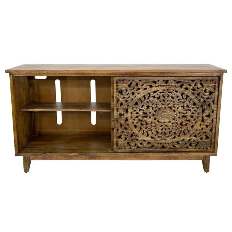 Hand Carved Solid Wood Sideboard | Traditional Indian Wooden Buffet Cabinet in Natural Finish | Perfect for Dining Room Storage & Living Room Decor