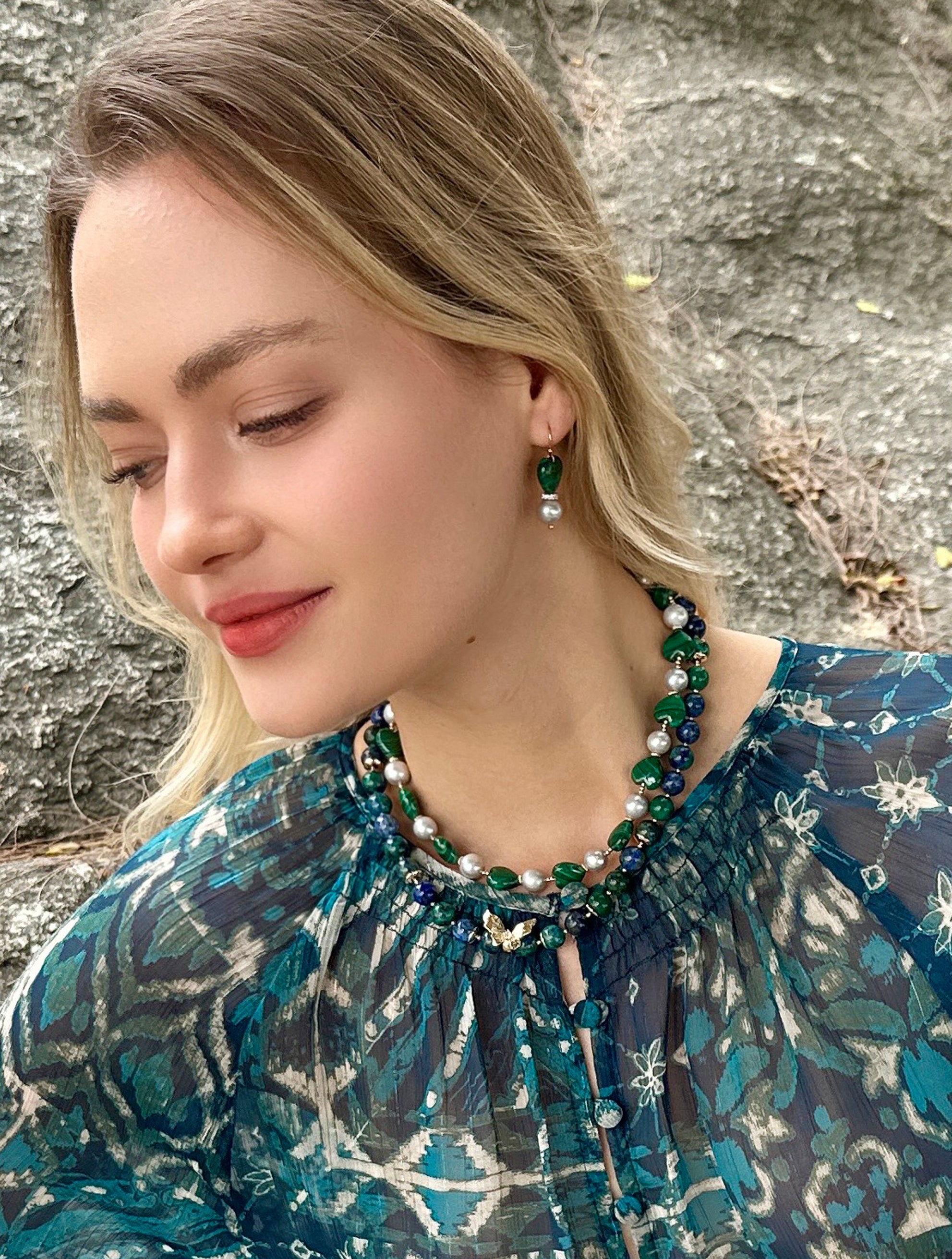 Heart-Shaped Malachite & Gray Freshwater Pearl Dangle Earrings - LE031 | Elegant Bohemian Jewelry for Women, Perfect for Weddings, Parties & Special Occasions