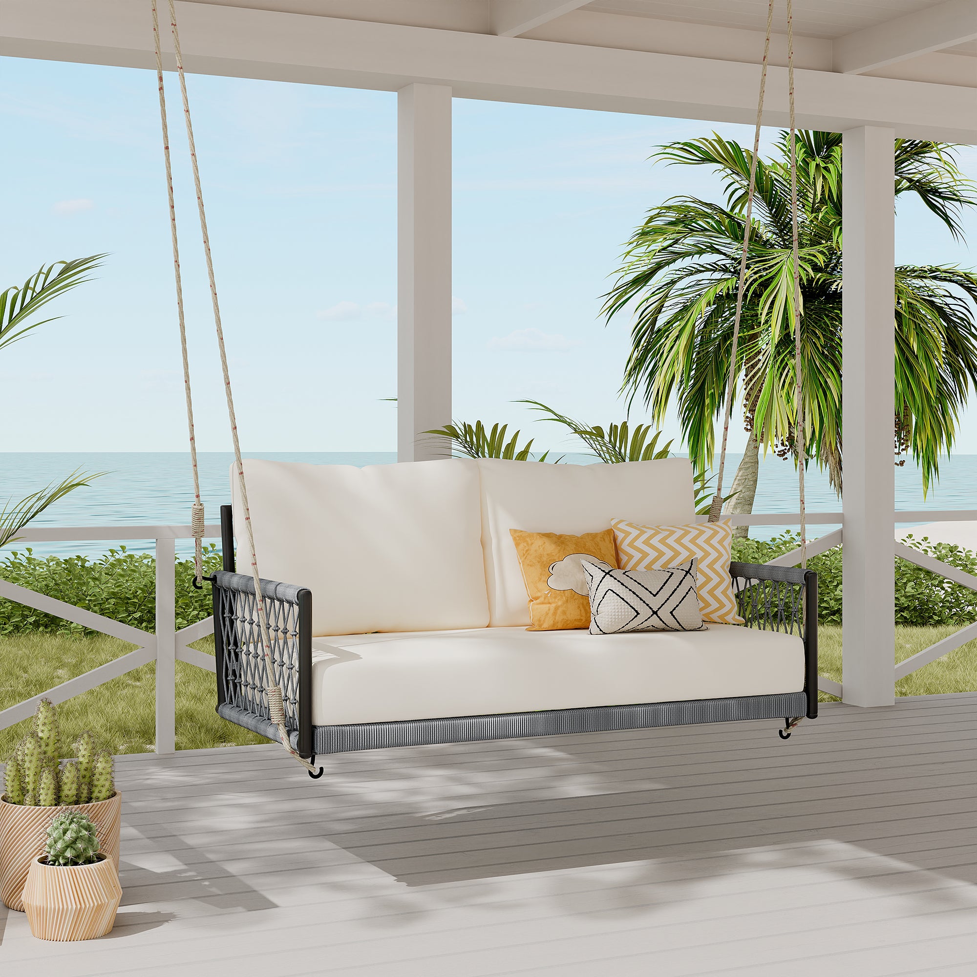1 Piece Woven Rope Outdoor Swing Sofa with Soft Cushions - Seats 2 People - Perfect for Patio, Garden, Balcony & Backyard Relaxation (Beige) | Weather-Resistant Hanging Chair for Porch, Poolside & Outdoor Living Spaces