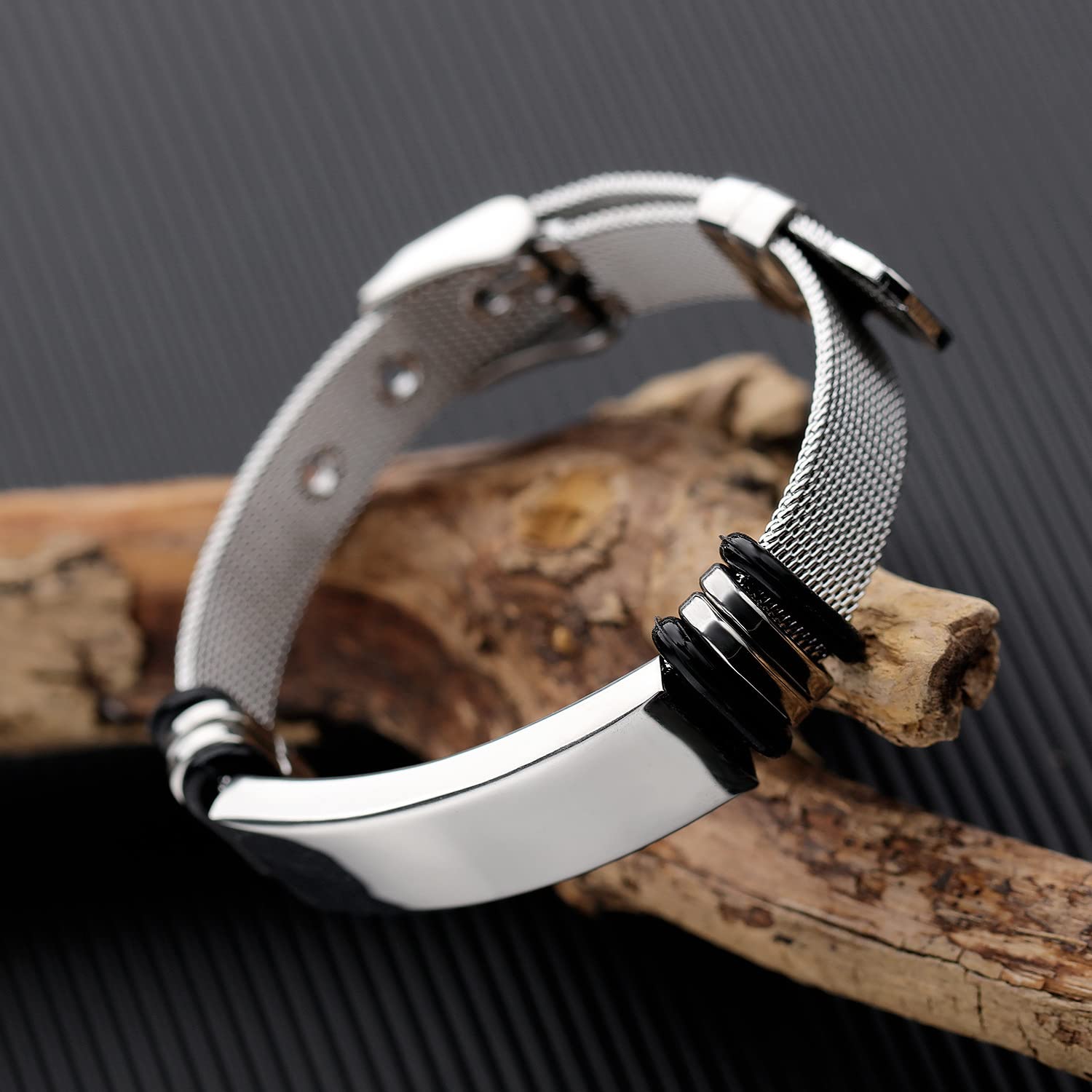 Custom Stainless Steel Couple Bracelets Set - His & Hers Matching Nameplate ID Bracelets with Mesh Band, Personalized Romantic Gift for Boyfriend Girlfriend Anniversary Valentine's Day - Perfect for Date Nights, Weddings and Couple Photos