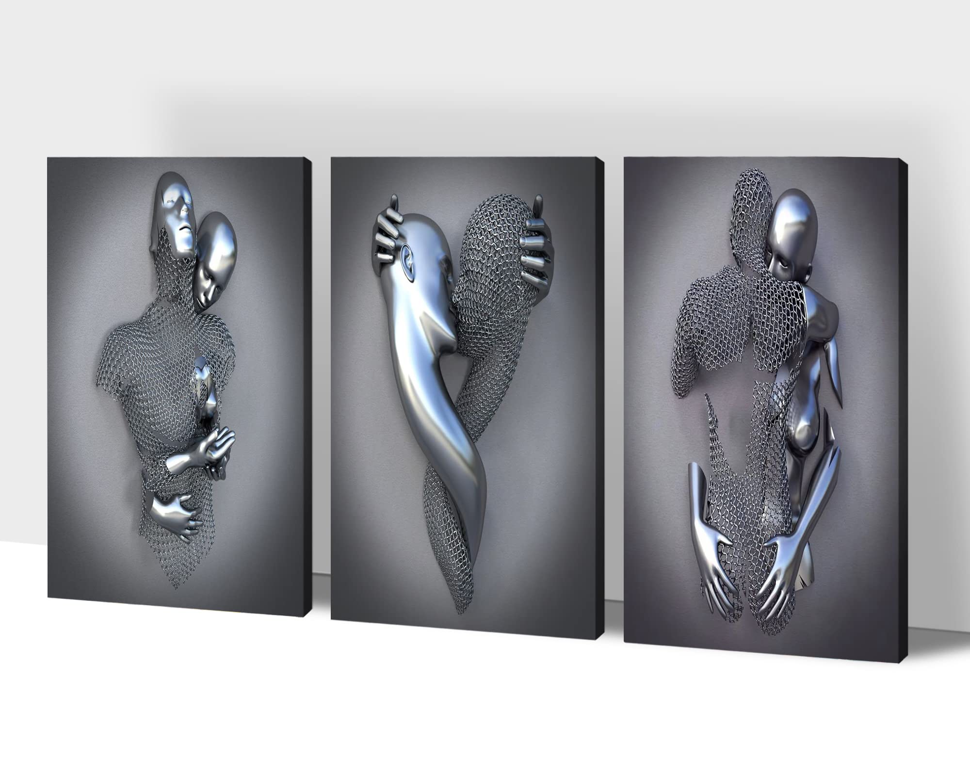 3D Metal Heart Wall Art - Gray & Silver Modern Canvas Painting Set (24