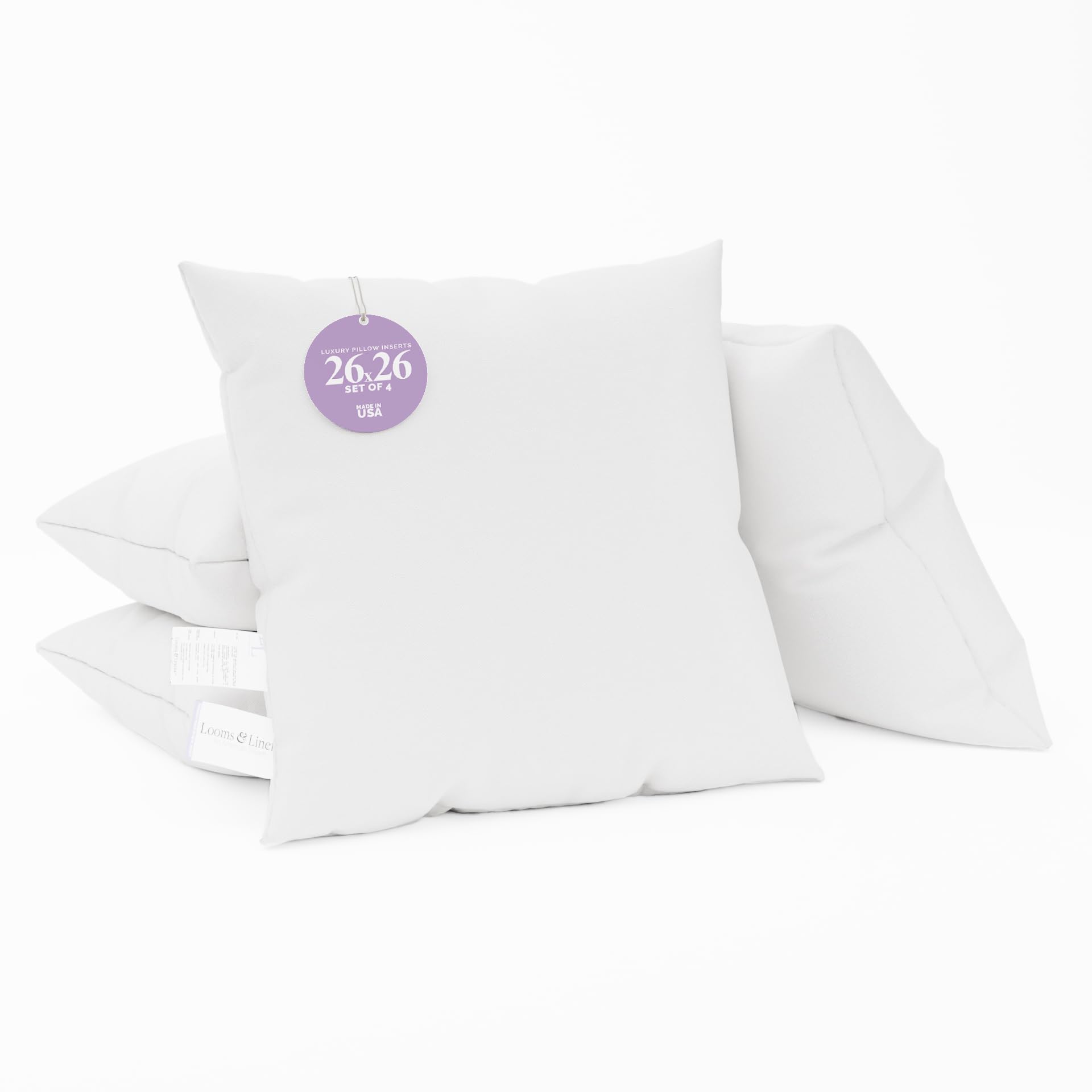 26x26 Inch Hypoallergenic Euro Sham Pillow Inserts - Pack of 4, Premium Pillow Stuffing, Made in USA - Perfect for Bed, Sofa & Home Decor by Looms and Linens