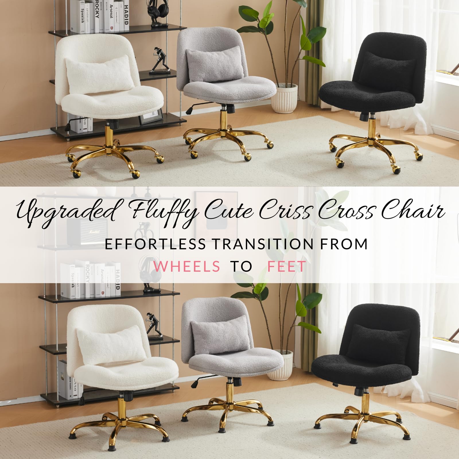 VINGLI Ergonomic Wide Criss Cross Leg Office Chair with Lumbar Pillow - Gold Base Swivel Desk Chair for Home Office & Bedroom, Adjustable Dual-Use Design (Wheels Optional), Soft Teddy Fleece Gray Fabric - Perfect for Long Work Sessions, Gaming & Vanity Makeup Areas
