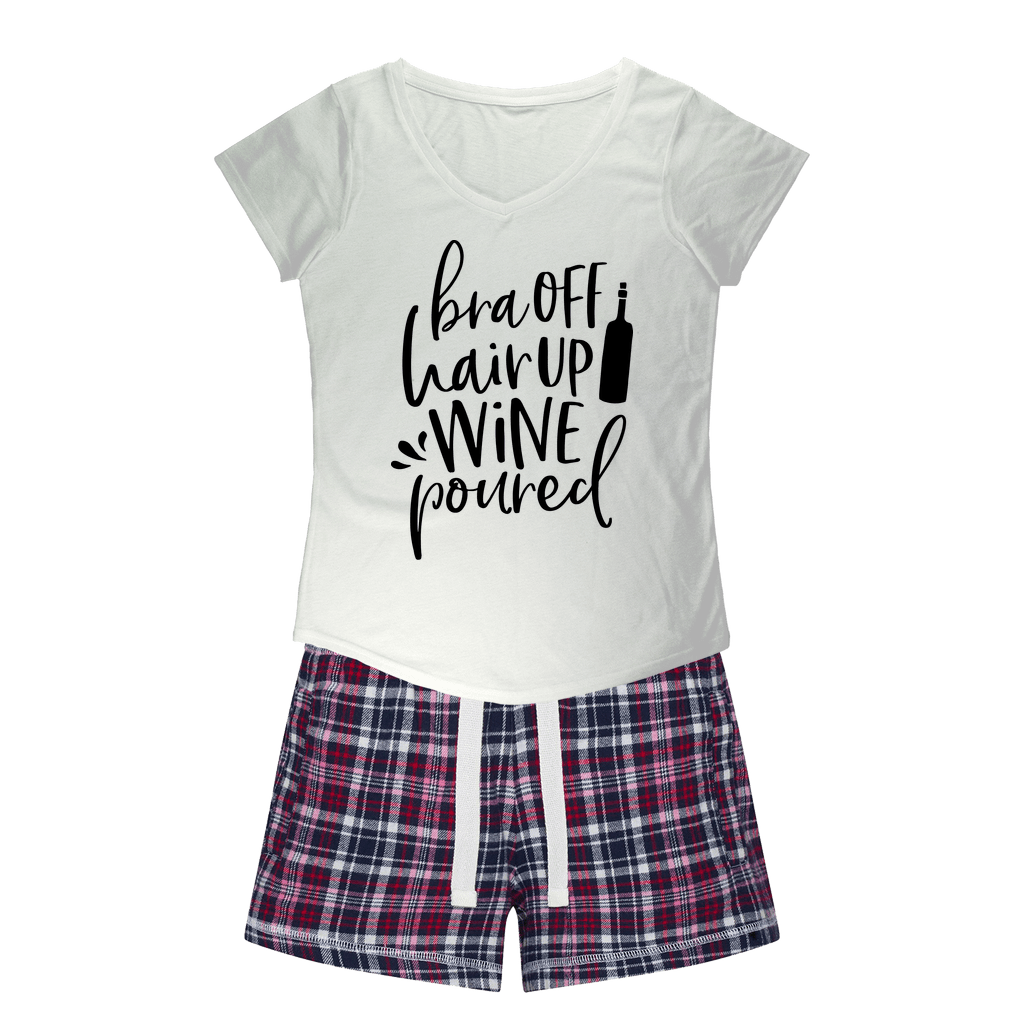 WineyBitches.Co Women's Funny Sleepy Tee & Flannel Shorts Set - 'Bra Off Hair Up Wine Poured' Slogan Graphic - Comfy Lounge & Sleepwear for Wine Lovers