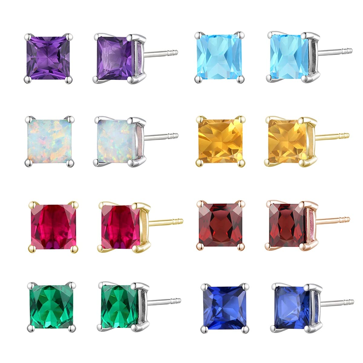 Square Gemstone Stud Earrings for Women - 14K Gold Plated & Rose Gold Plated Sterling Silver - 6mm Square Cut Earrings - Perfect for Everyday Wear, Office & Special Occasions