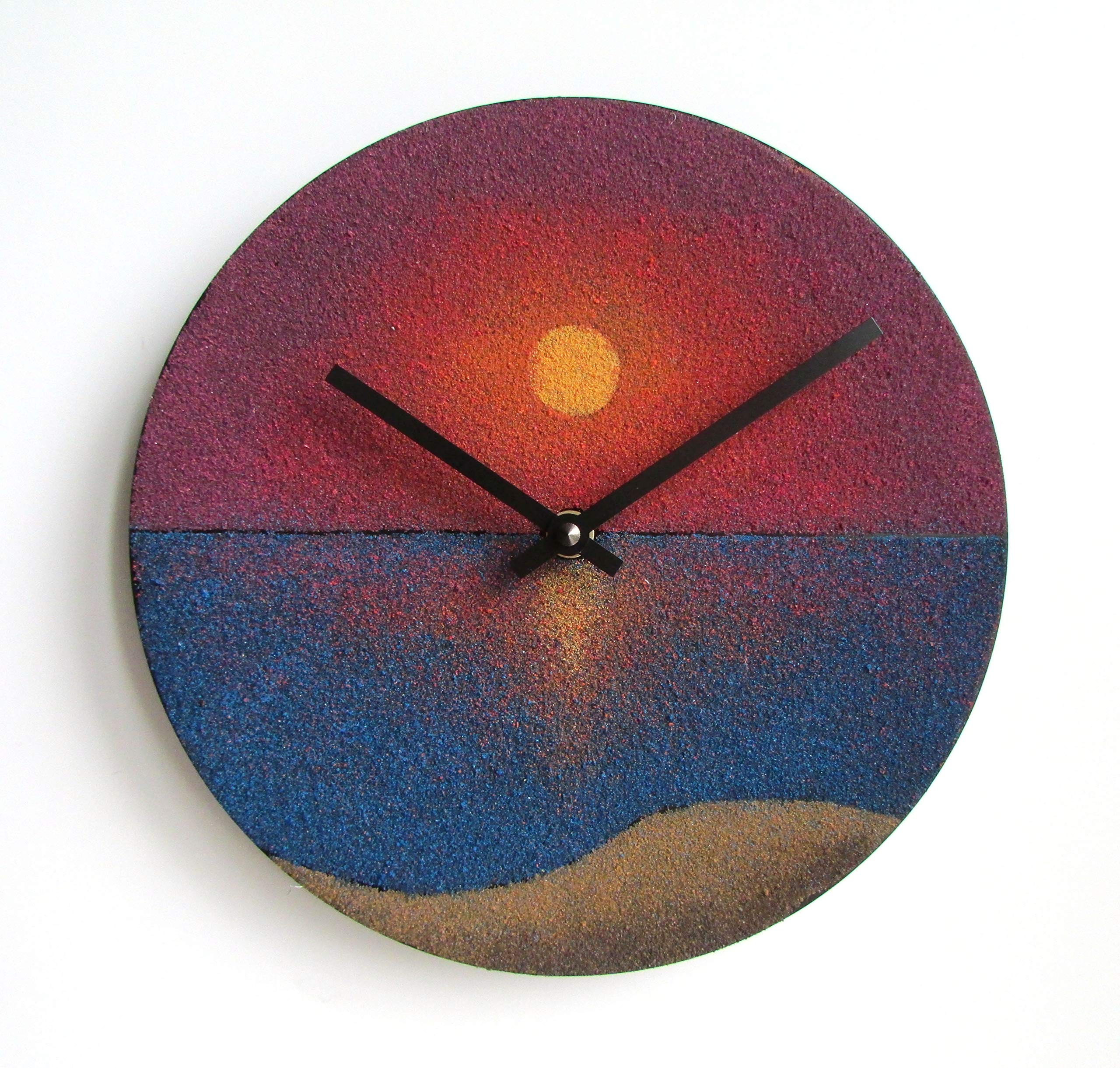9.5 Inch Coastal Sunset Wall Clock with Colored Sand Painting - Perfect for Beach House Decor, Living Room & Bedroom Wall Art