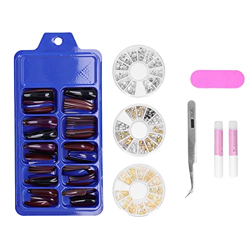 100pcs Long Acrylic False Nails with Glue & Rhinestones - Full Cover Artificial Nails for Manicure, DIY Nail Art Tips for Women & Girls (3 Boxes + Case) | Perfect for Parties, Weddings, and Special Occasions