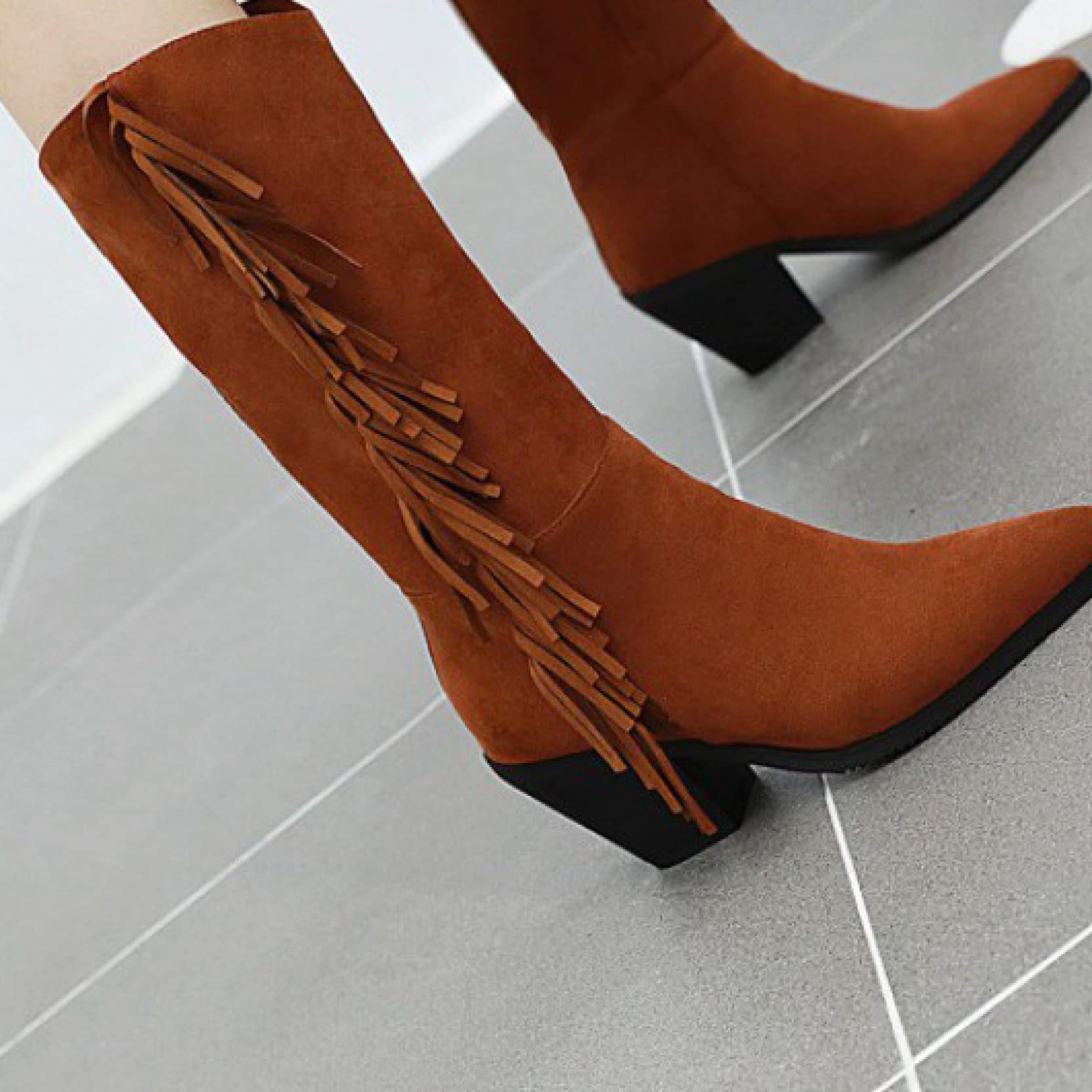 Hoxekle Women's Fringe Western Knee High Boots - Suede Combat Cowboy Boots with Chunky Block Heel | Skin-Friendly & Durable | Perfect for Country Dancing, Music Festivals & Western Fashion
