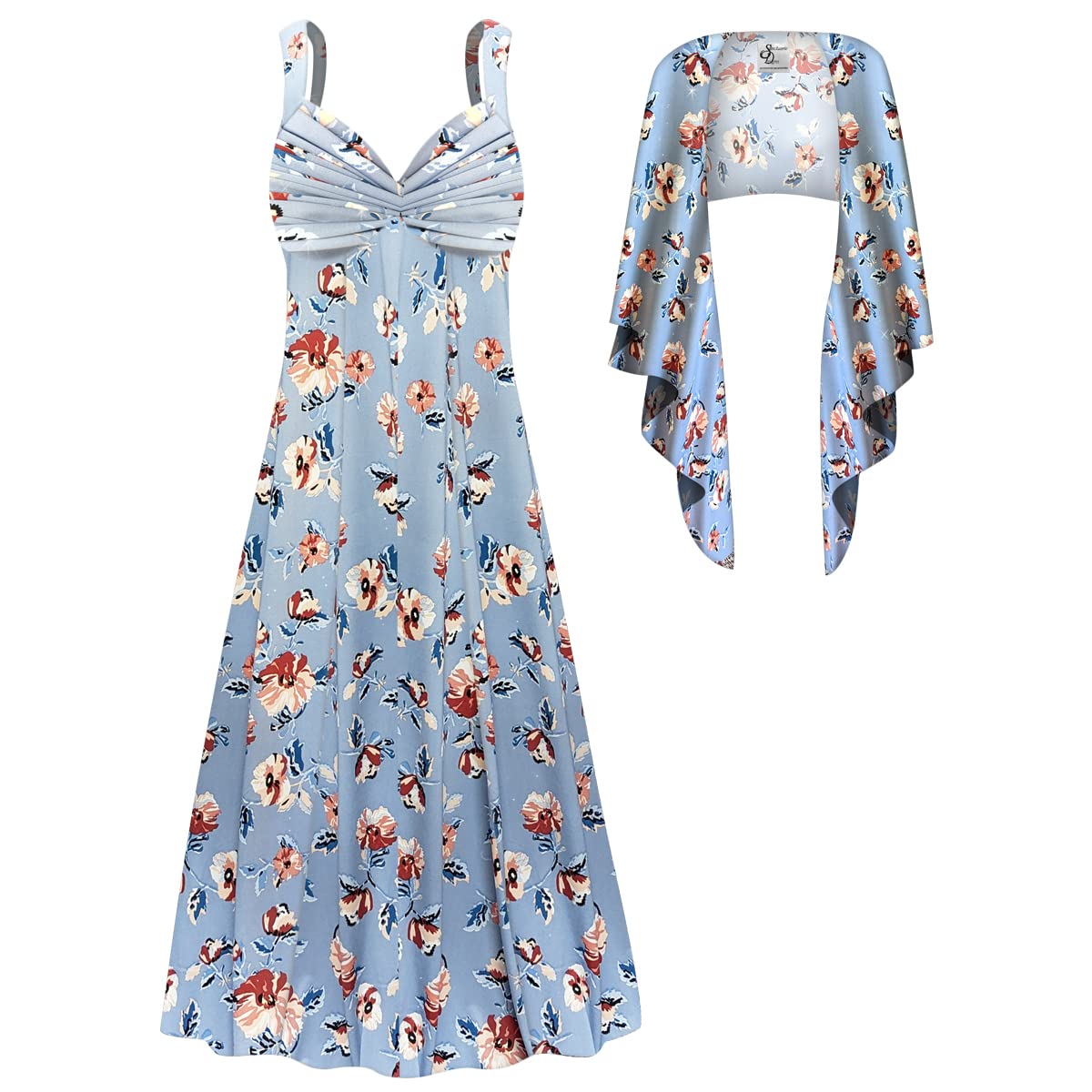 Sanctuarie Designs Plus Size Elegant Party Dress for Women - Blue Fields Print with Free Shawl | Formal Evening Gowns for Weddings, Galas & Cocktail Parties | Special Occasion & Prom Dresses | Perfect for Date Nights, Anniversary Dinners, Bridal Showers & Holiday Celebrations | Great for Office Parties, Church Events & Family Reunions