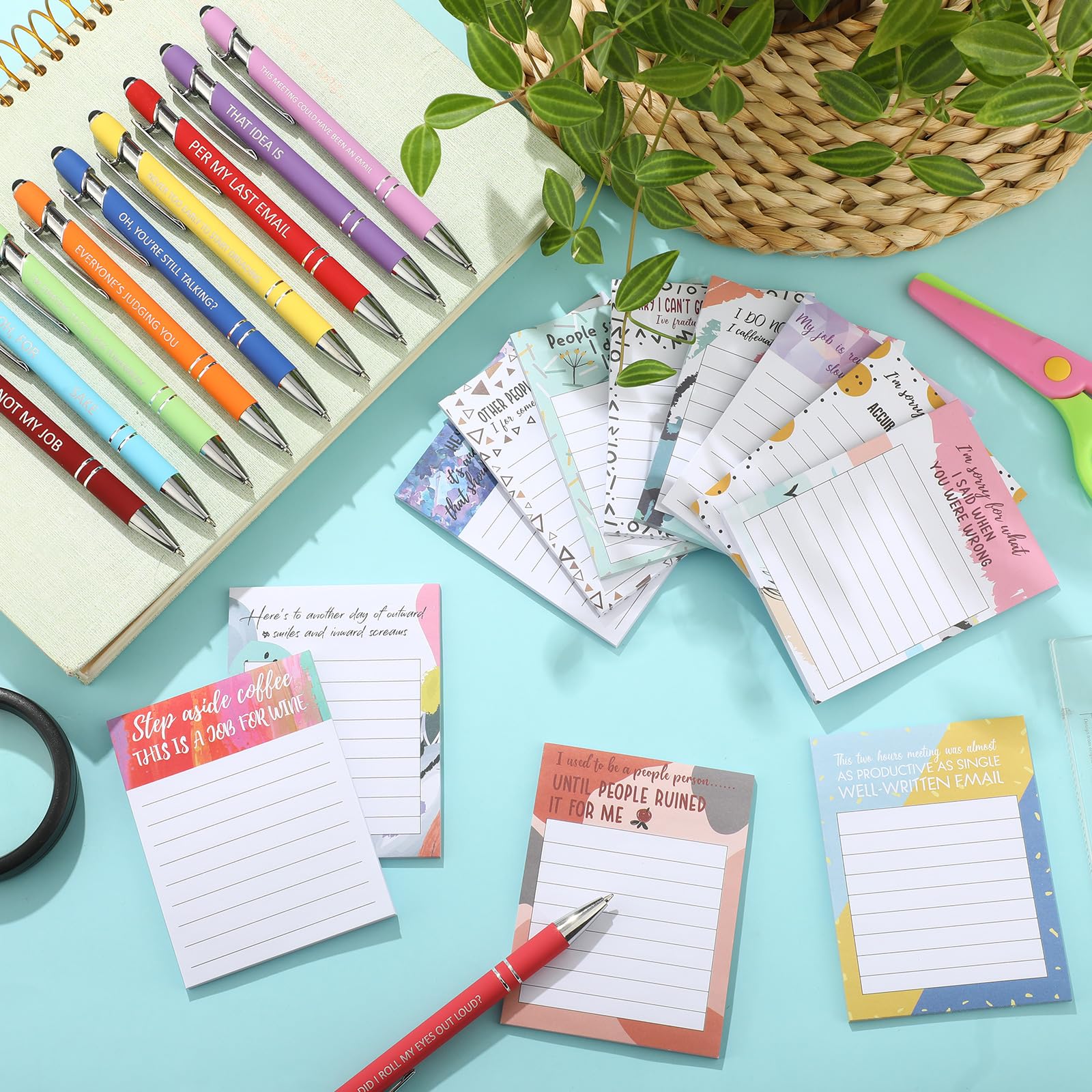 Geyee 24-Pack Funny Office Notepads with Sarcastic Sayings - 3x4 Inch Sticky Notes & Ballpoint Pens Set - Perfect Coworker Gifts, Nurse Appreciation, Teacher Thank You Presents - Great for Office Humor, Desk Organization & Workplace Motivation