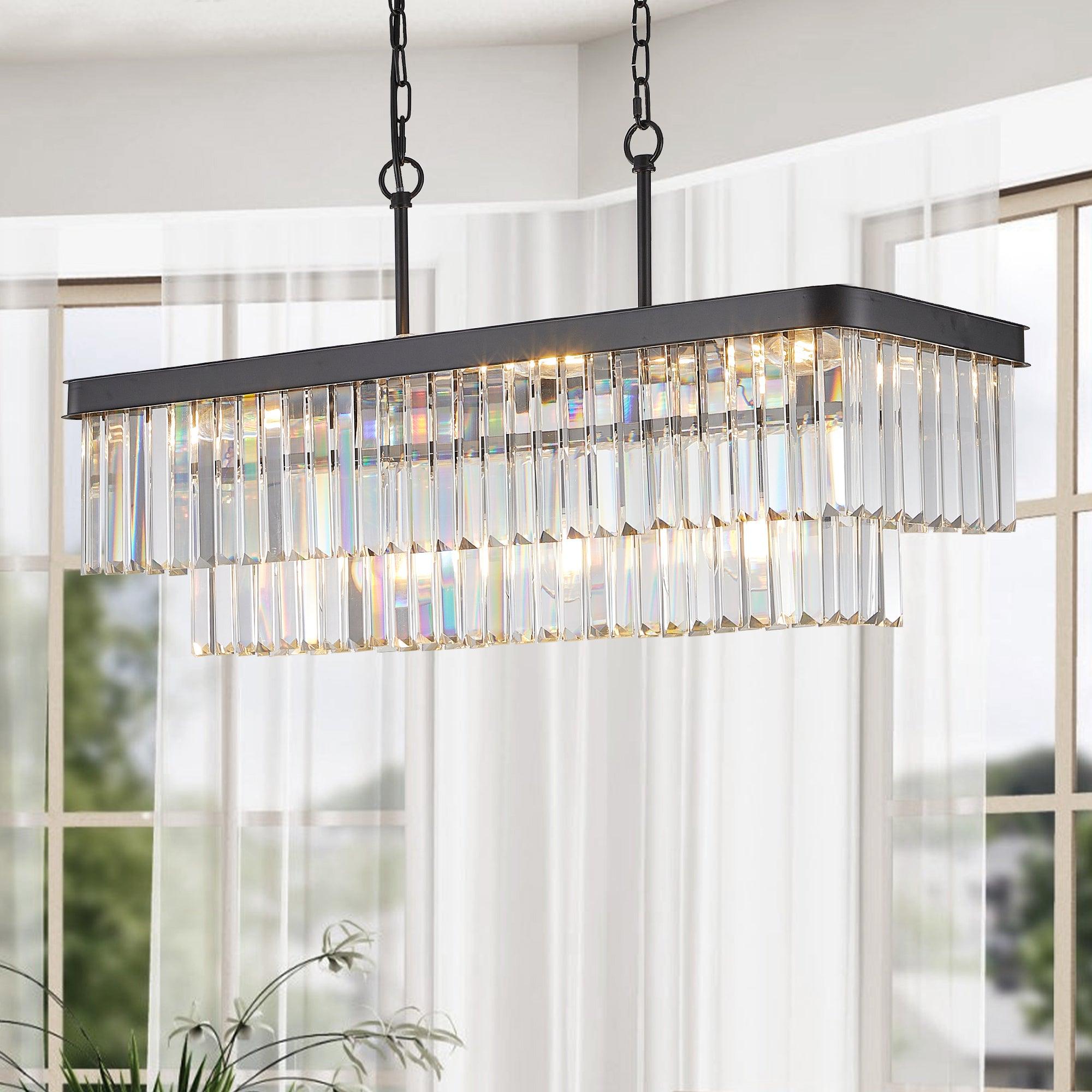 Modern Rectangular Crystal Chandelier - Adjustable E12 Industrial Farmhouse Ceiling Light with Iron Frame for Kitchen, Living Room & Bedroom | Black Finish (Bulbs Not Included) | Perfect for Dining Areas, Entryways and Home Decor