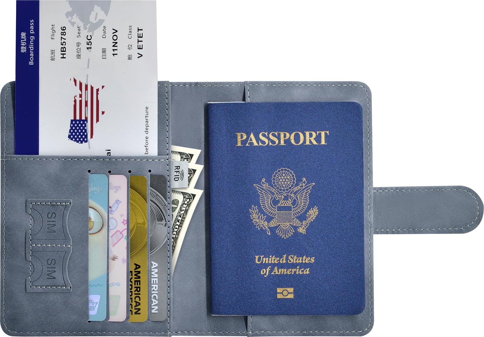 Premium RFID Blocking Leather Passport Holder with Credit Card & Boarding Pass Slots - Navy Grey Travel Wallet for Secure International Trips & Business Travel Accessories