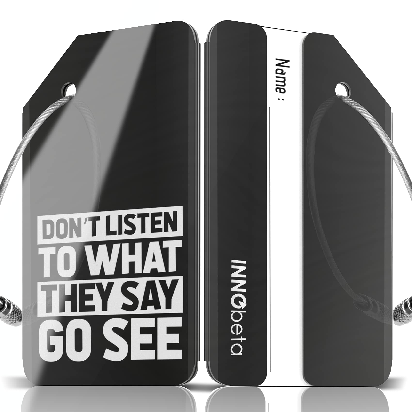 INNObeta Stainless Steel Luggage Tag for Travel - Personalized Name Tags for Suitcases & Bags - Mirror Black Metal ID Tag - Perfect for Business Trips, Vacations & Airport Security