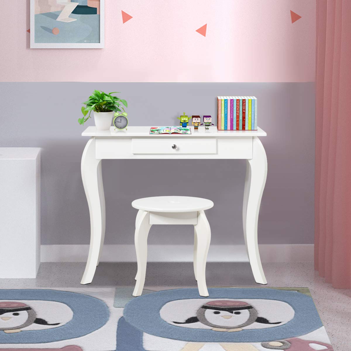 HONEY JOY Kids Vanity Set with Mirror - White Wooden Toddler Vanity Table with Stool & Drawer, Removable Top for Pretend Play - Princess Beauty Makeup Dressing Table Playset for Little Girls | Perfect for Birthday Gifts, Bedroom Decor & Role Play Activities