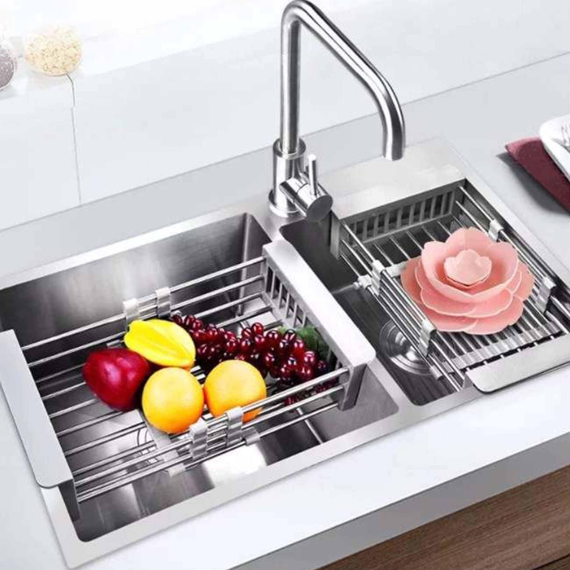 Expandable Stainless Steel Sink Drying Rack - Adjustable Dish Drainer Basket for Kitchen Countertop | Space-Saving Over Sink Organizer for Dishes, Utensils & Cookware | Perfect for Small Kitchens & RV Use