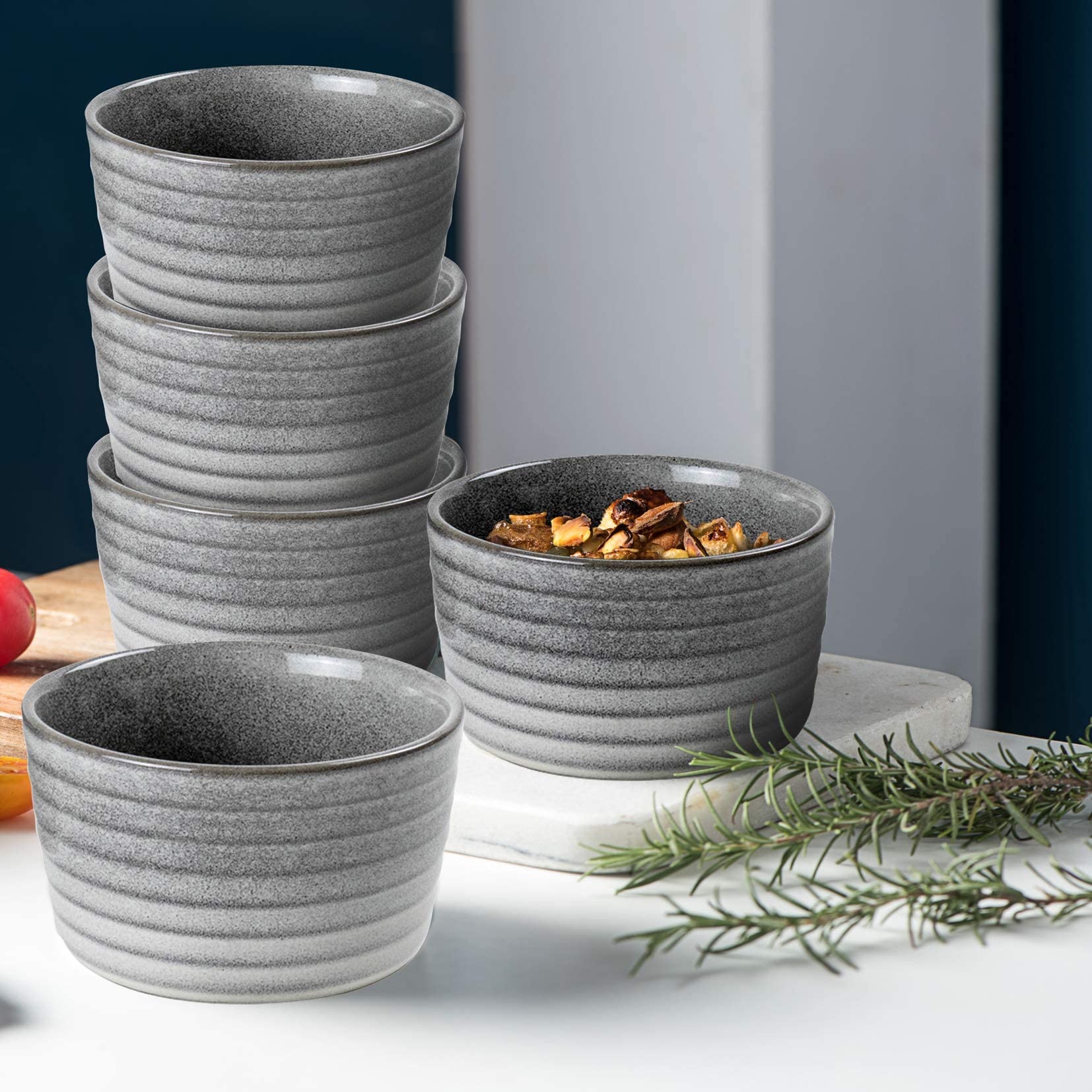 UNICASA 4-Piece Ramekin Set - 8 oz Oven-Safe Ceramic Creme Brulee Dishes for Baking Custard, Pudding & Souffle - Reactive Gray - Perfect for Dessert Serving, Kitchen Baking & Party Entertaining