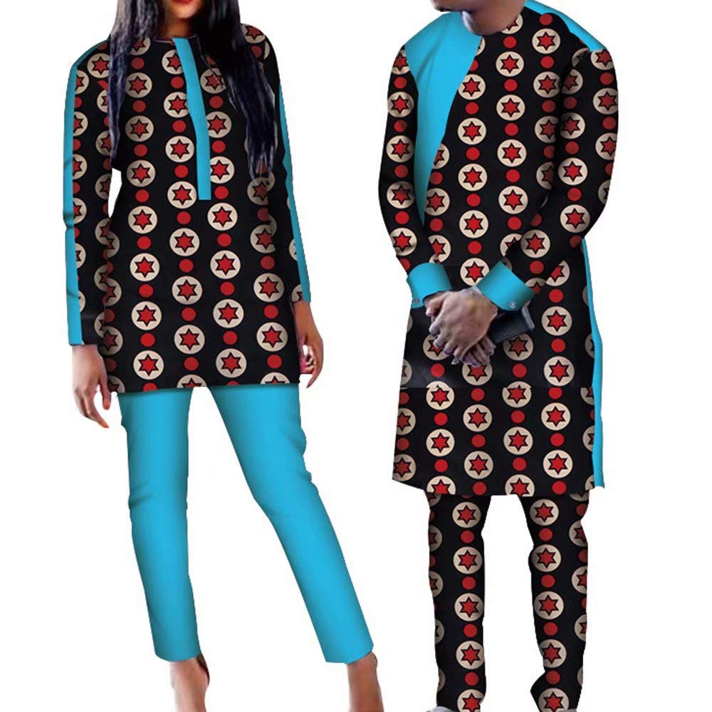 African Couples Matching Outfits - Long Sleeve Wax Print Shirt & Pants Set for Anniversary, Wedding, Valentine's Day - Perfect for Cultural Events, Date Nights & Family Photos