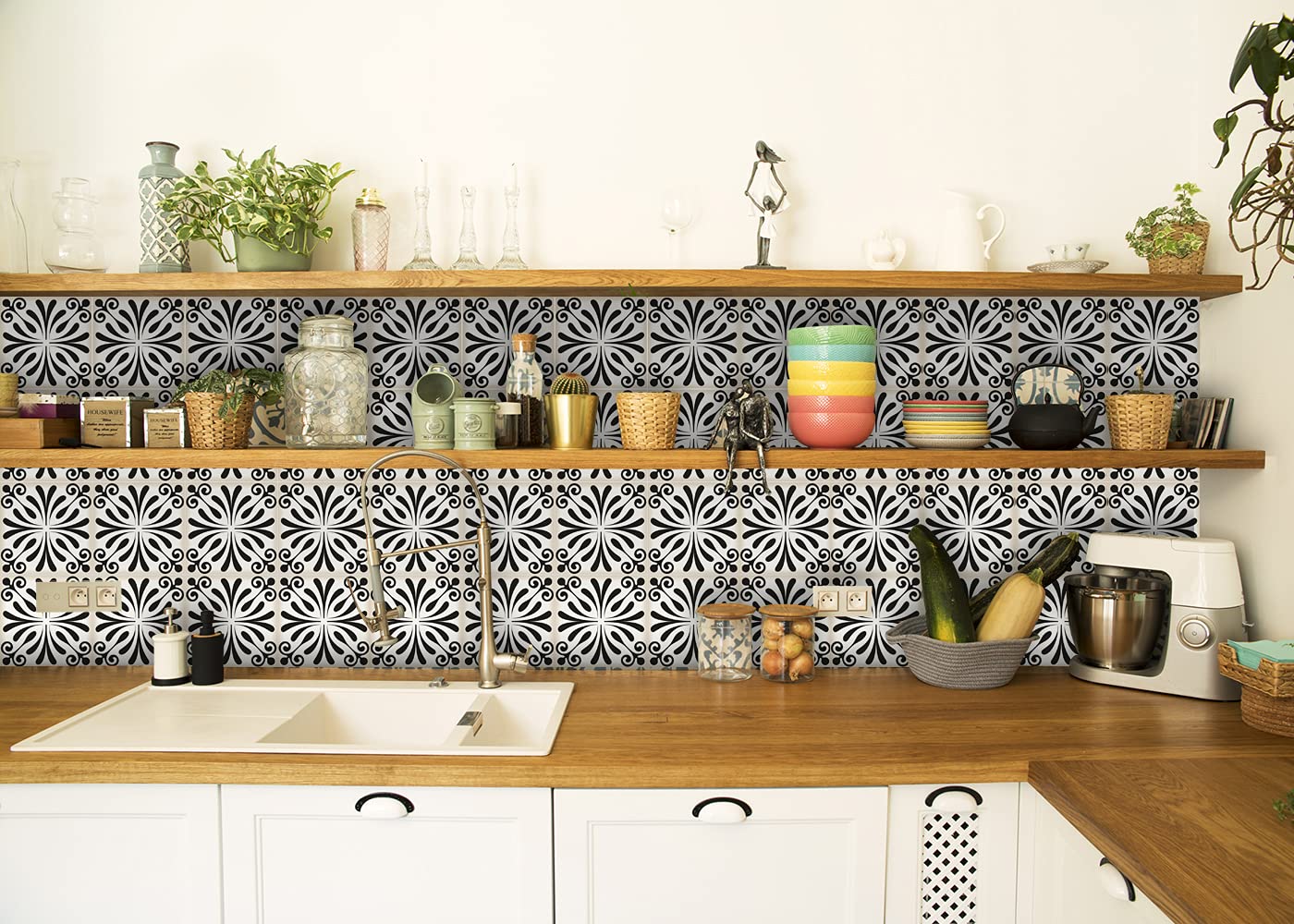 Mi Alma Black and White Peel and Stick Tile Stickers - 24PC Self-Adhesive Backsplash Decals for Kitchen & Bathroom - 8x8 Inch Vinyl Wall Tiles (Victoria Collection) - Easy Home Decor Upgrade for Modern Farmhouse or Apartment Renovation