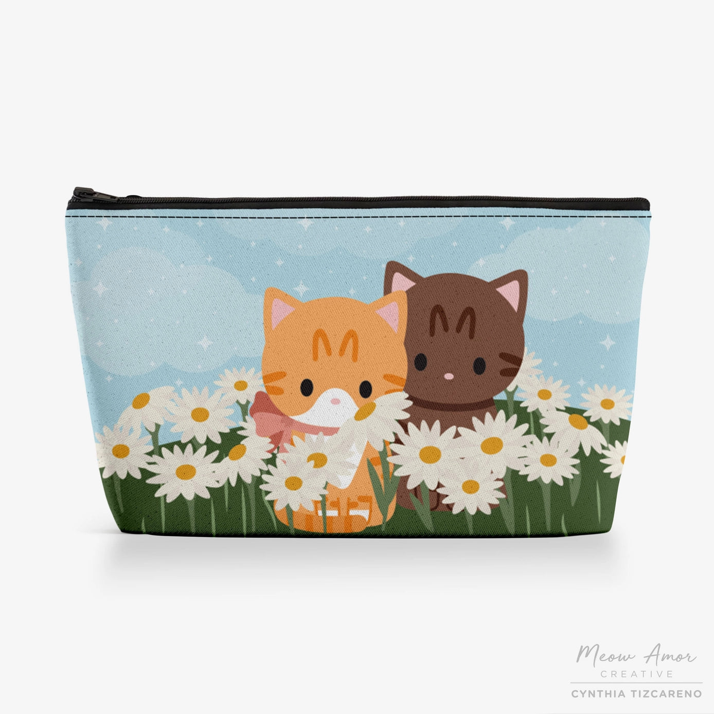 Cat Field of Flowers Canvas Zipper Pouch - Cute Floral Cat Print Makeup Bag for Women, Travel Cosmetic Case, Gift for Cat Lovers (Perfect for Travel, School & Daily Use)