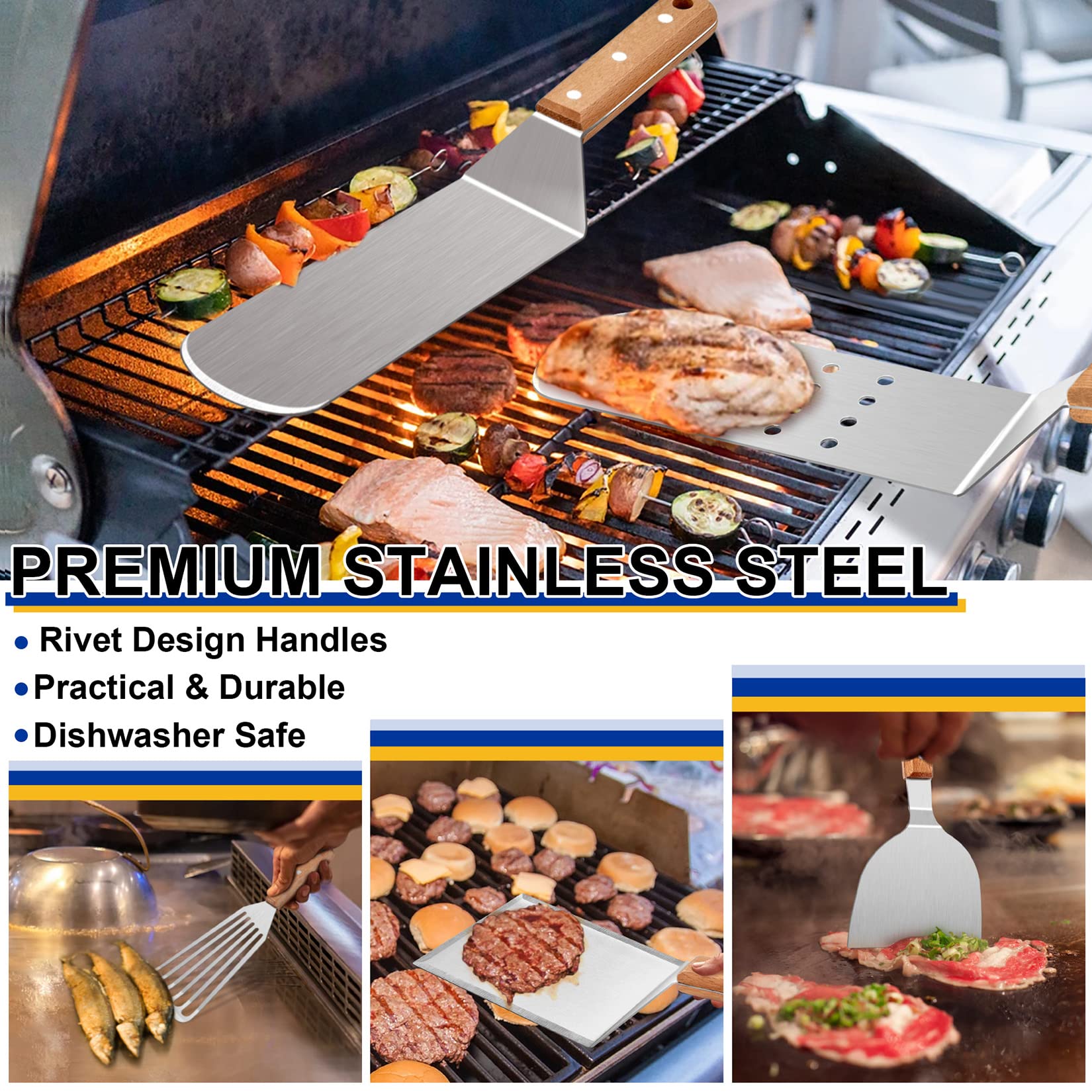 23Pcs Stainless Steel Griddle Accessories Kit - Joyfair BBQ Grilling Tool Set with Flat Top Spatulas & Cast Iron Burger Press - Perfect for Outdoor Hibachi, Teppanyaki & Backyard Cooking (Wooden Handles) - Ideal for Camping, Tailgating & Home Grilling Parties