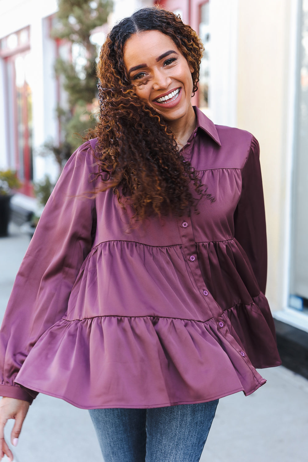 Burgundy Satin Babydoll Top with Button Down & Tiered Design - Perfect for Date Nights, Parties & Casual Outfits