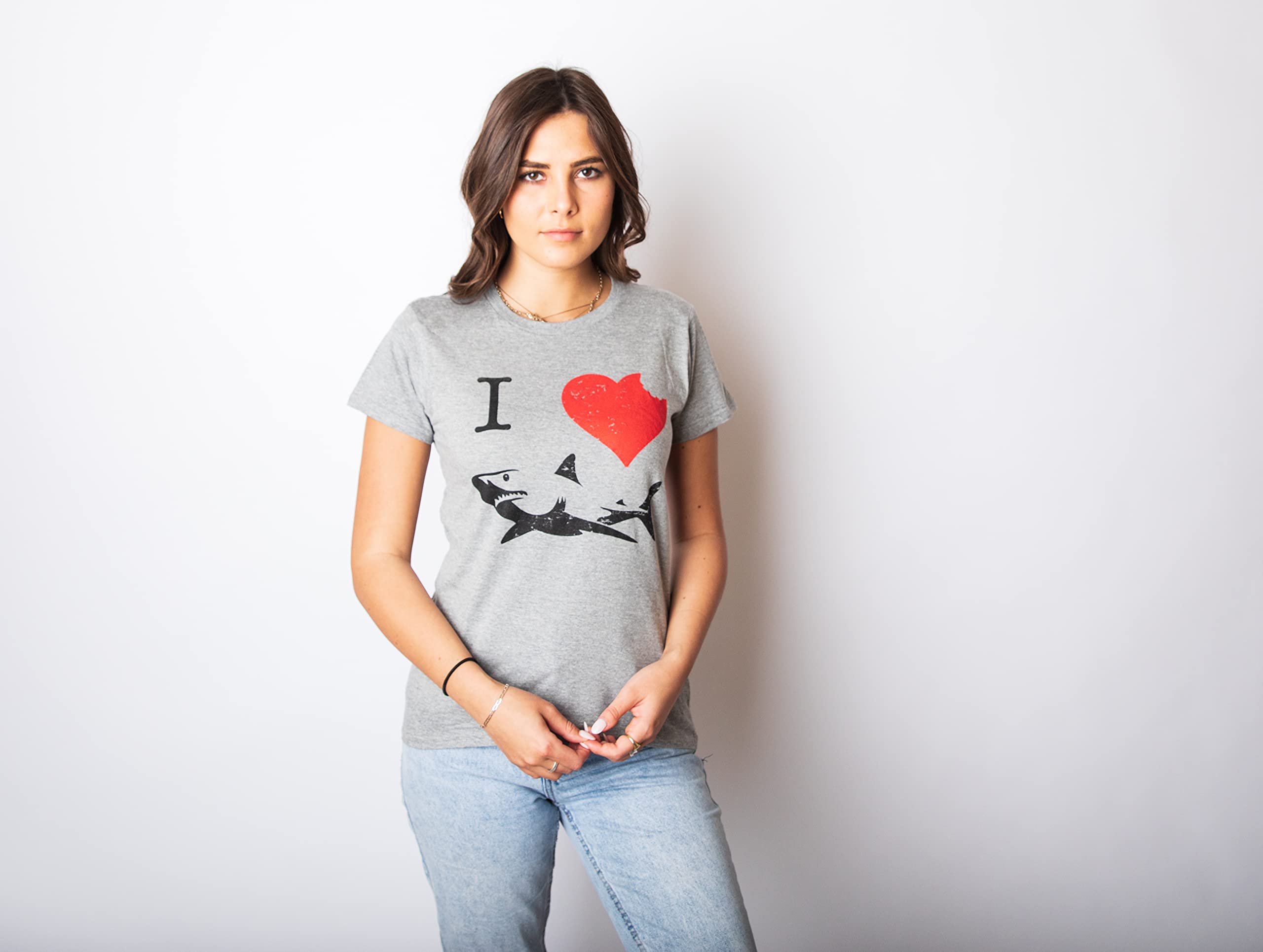Women's I Love Sharks T-Shirt - Vintage Shark Bite Graphic Tee for Ladies | Casual Summer Outfit, Beach Vacation & Shark Week Apparel