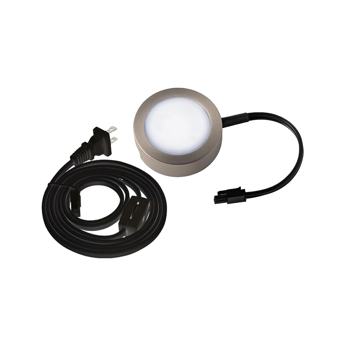 120V 3-Color Temperature LED Puck Light with Plug Cord - Brushed Nickel Finish for Kitchen, Cabinet, and Shelf Lighting