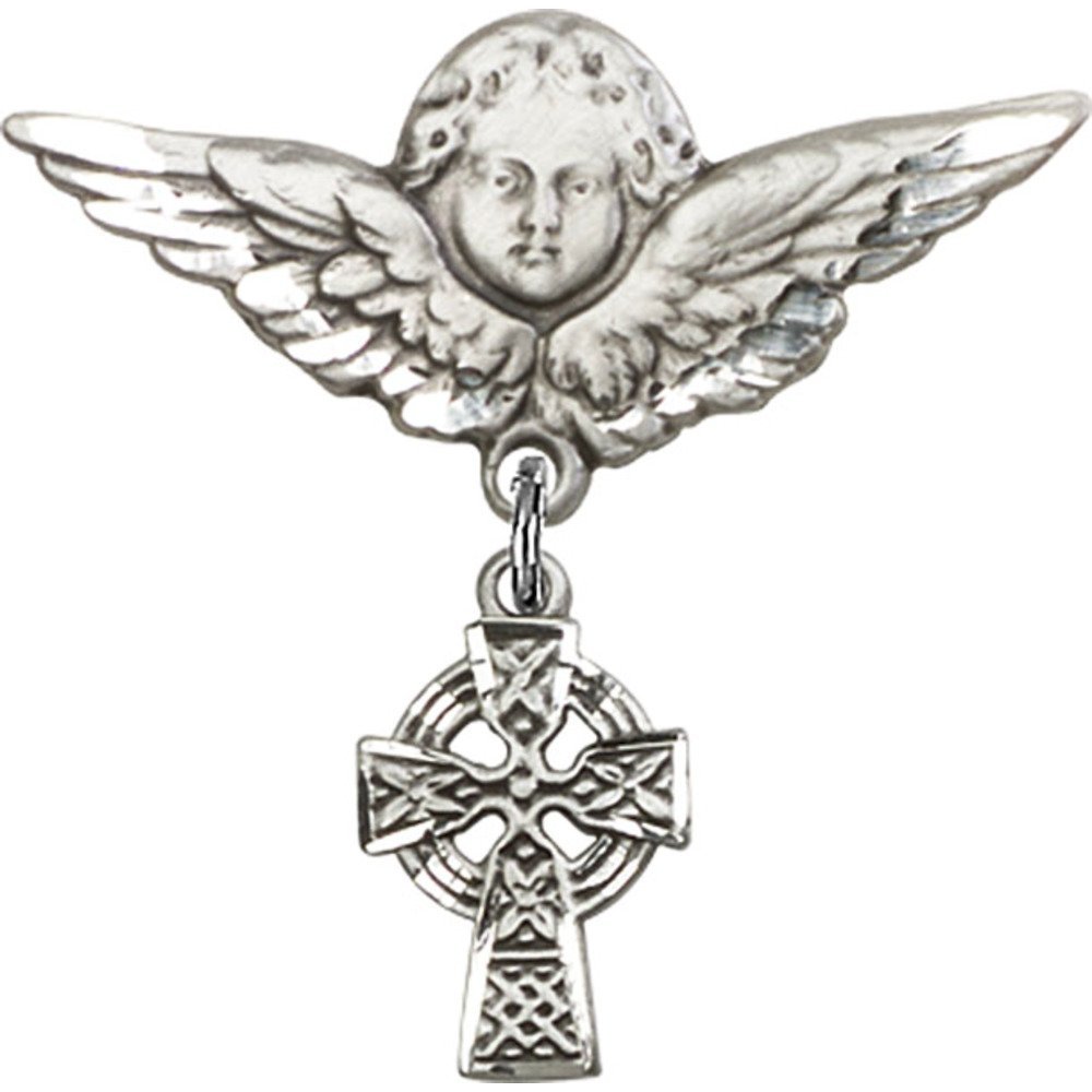 Sterling Silver Baby Badge with Celtic Cross Charm & Angel Wing Pin - 1 1/8