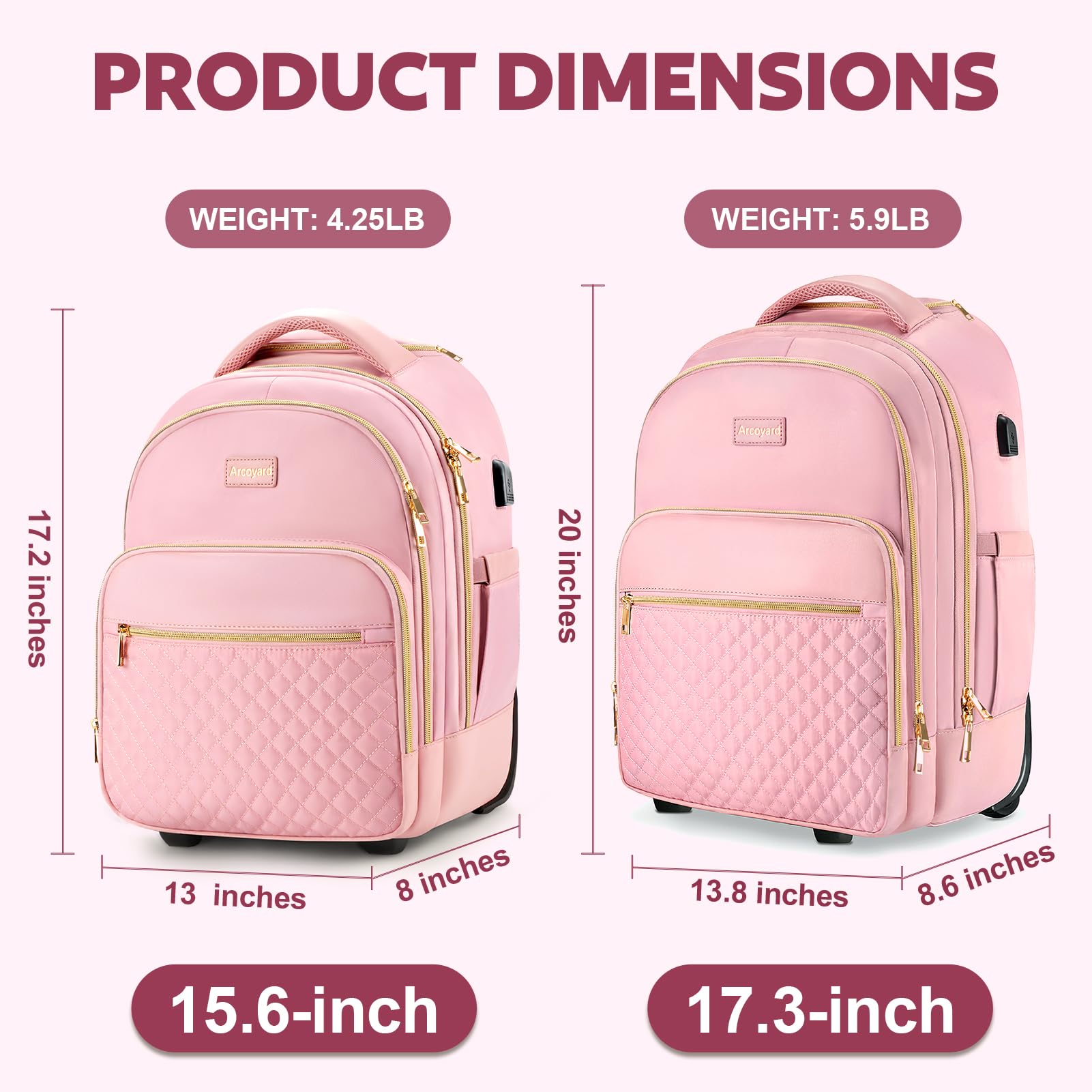 40L Rolling Backpack for Women - Pink Gold Wheeled Carry-On Luggage for Travel