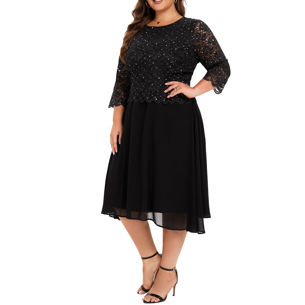Plus Size Sequin Lace Tea Length Dress for Women - Elegant Mother of the Bride Dress for Weddings, Parties & Special Occasions | Perfect for Cocktail Receptions, Anniversary Celebrations & Formal Events