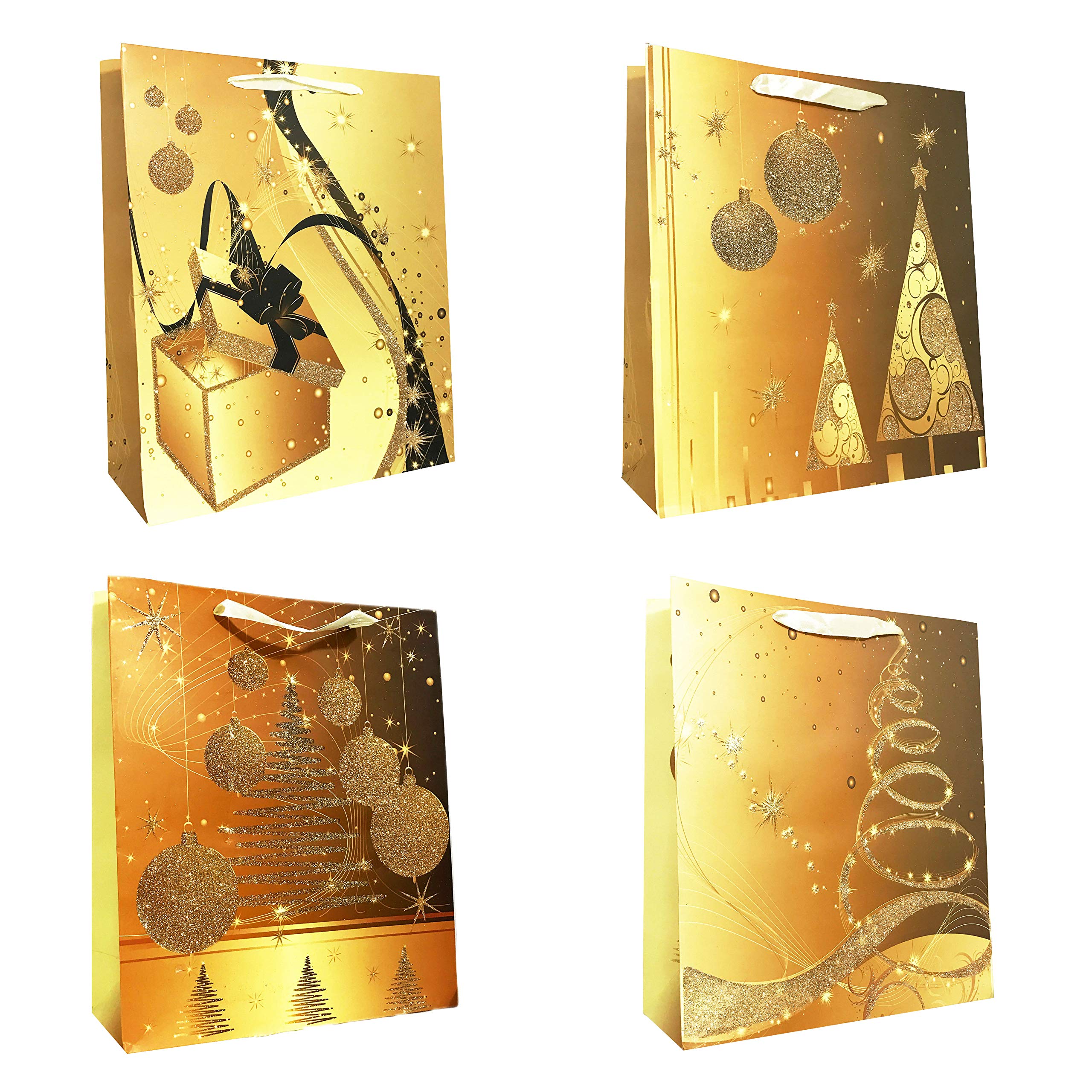 Allgala 12-Pack Premium Golden Christmas Gift Bags - 13 Inch Heavy Stock Paper Holiday Gift Bags with Festive Prints - Perfect for Christmas Party Favors, Holiday Gift Wrapping & Secret Santa Exchanges