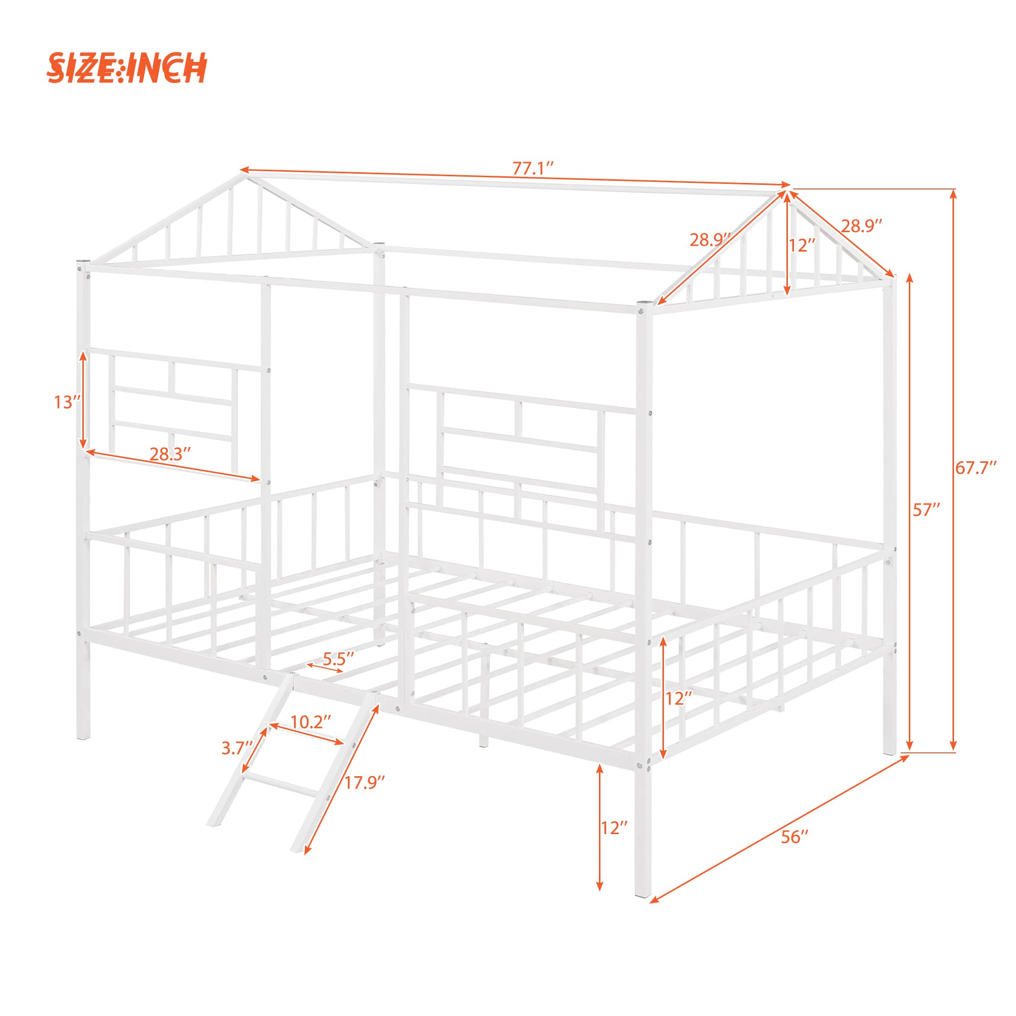 MERITLINE Full House Bed Frame - Metal Platform Bed with House Shape Design for Kids & Teens - Sturdy & Safe for Boys & Girls - White - Perfect for Bedrooms, Playrooms & Sleepovers