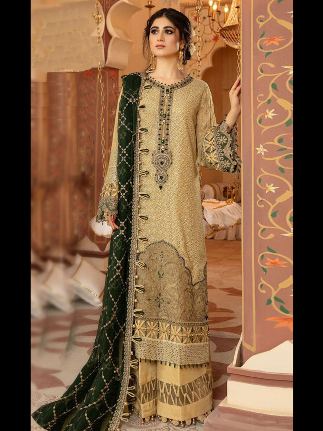 Elegant Beige Traditional Ready-Made Palazzo Suit with Exquisite Embroidery & Stone Work - Perfect for Weddings, Parties & Festive Occasions