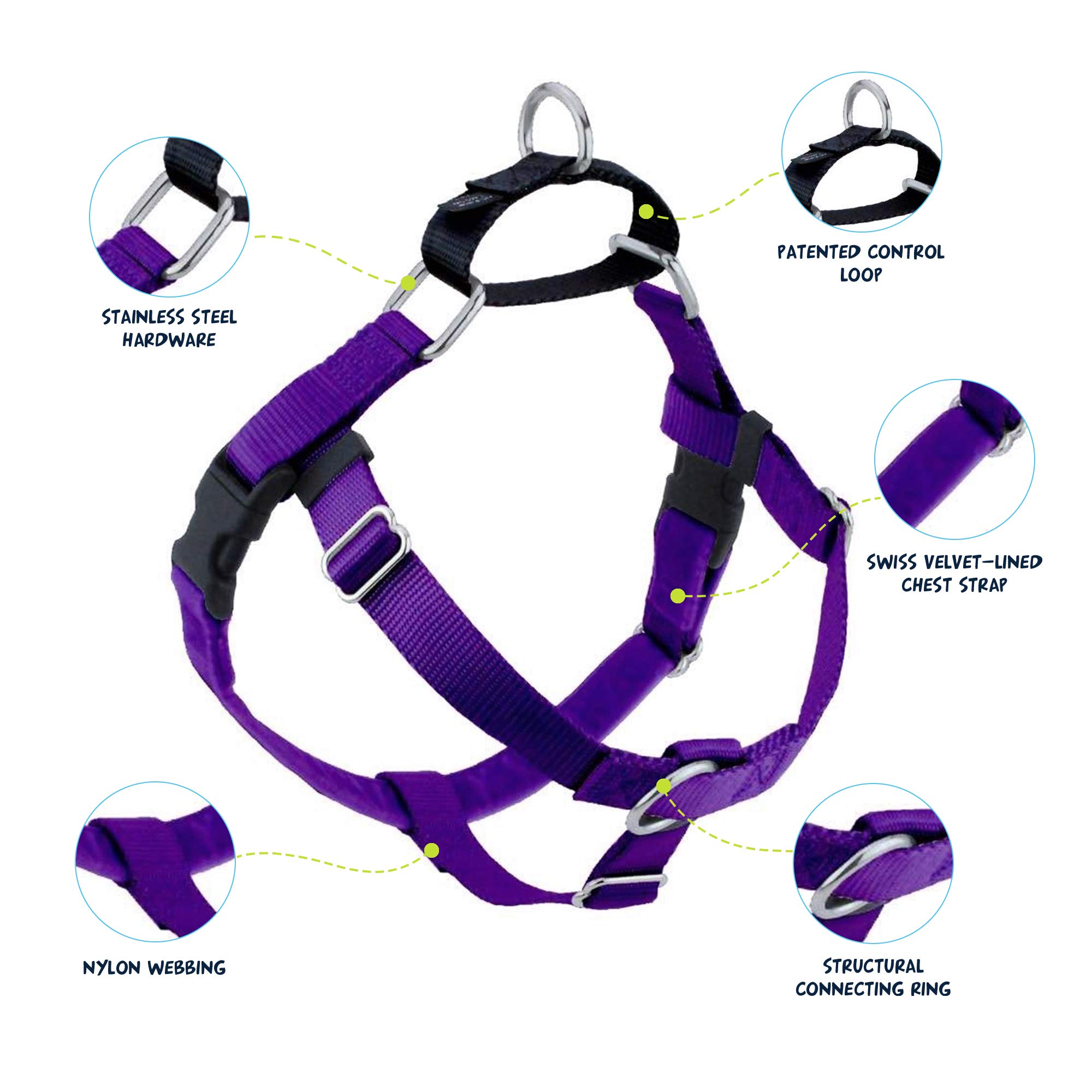 2 Hounds Design Freedom No Pull Dog Harness - Adjustable Pet Harness & Leash Set for Small, Medium & Large Dogs | Comfortable Walking Control | USA Made Purple XS (5/8