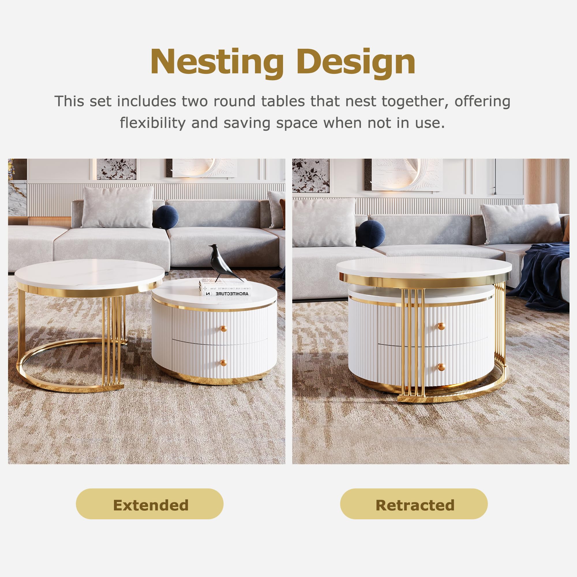 Modern Round Nesting Coffee Table Set of 2 with Storage Drawers - Gold & White Accent Living Room Furniture for Small Spaces, Apartments | Perfect for Coffee Serving, Magazine Storage & Home Decor